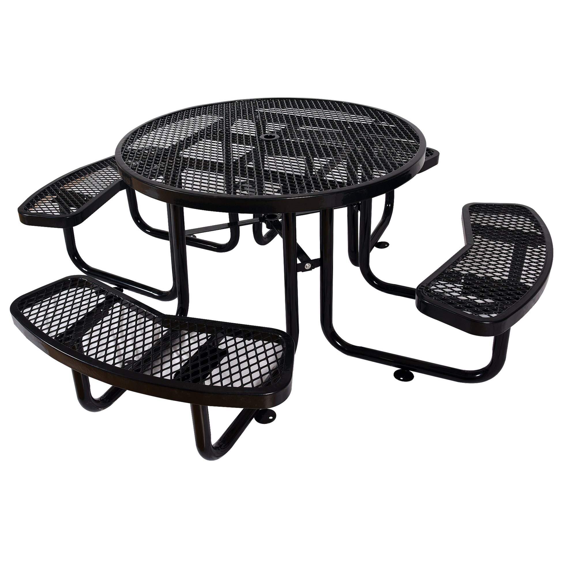 Black metal mesh picnic table with attached benches for outdoor seating