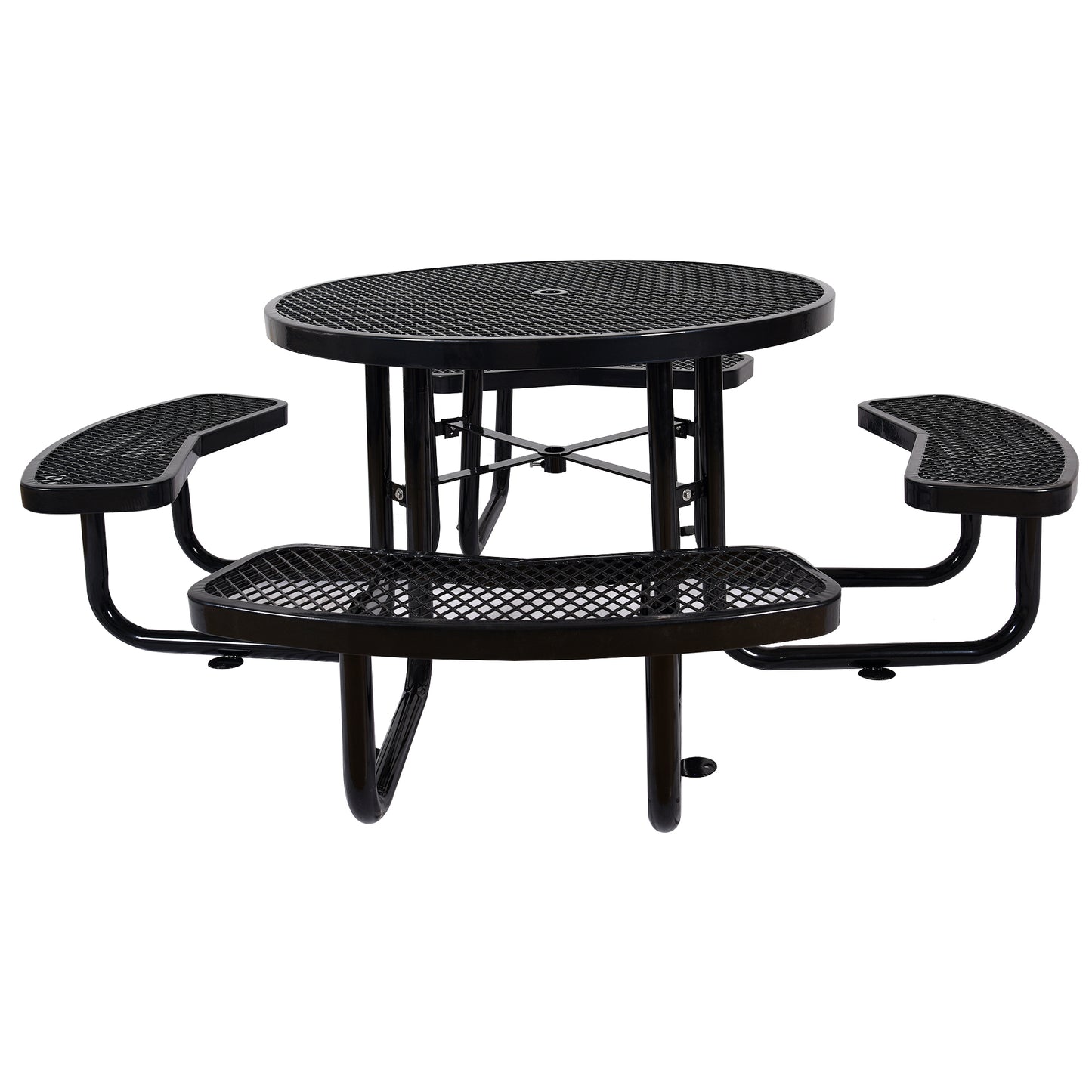 Black metal picnic table with attached benches and perforated surfaces