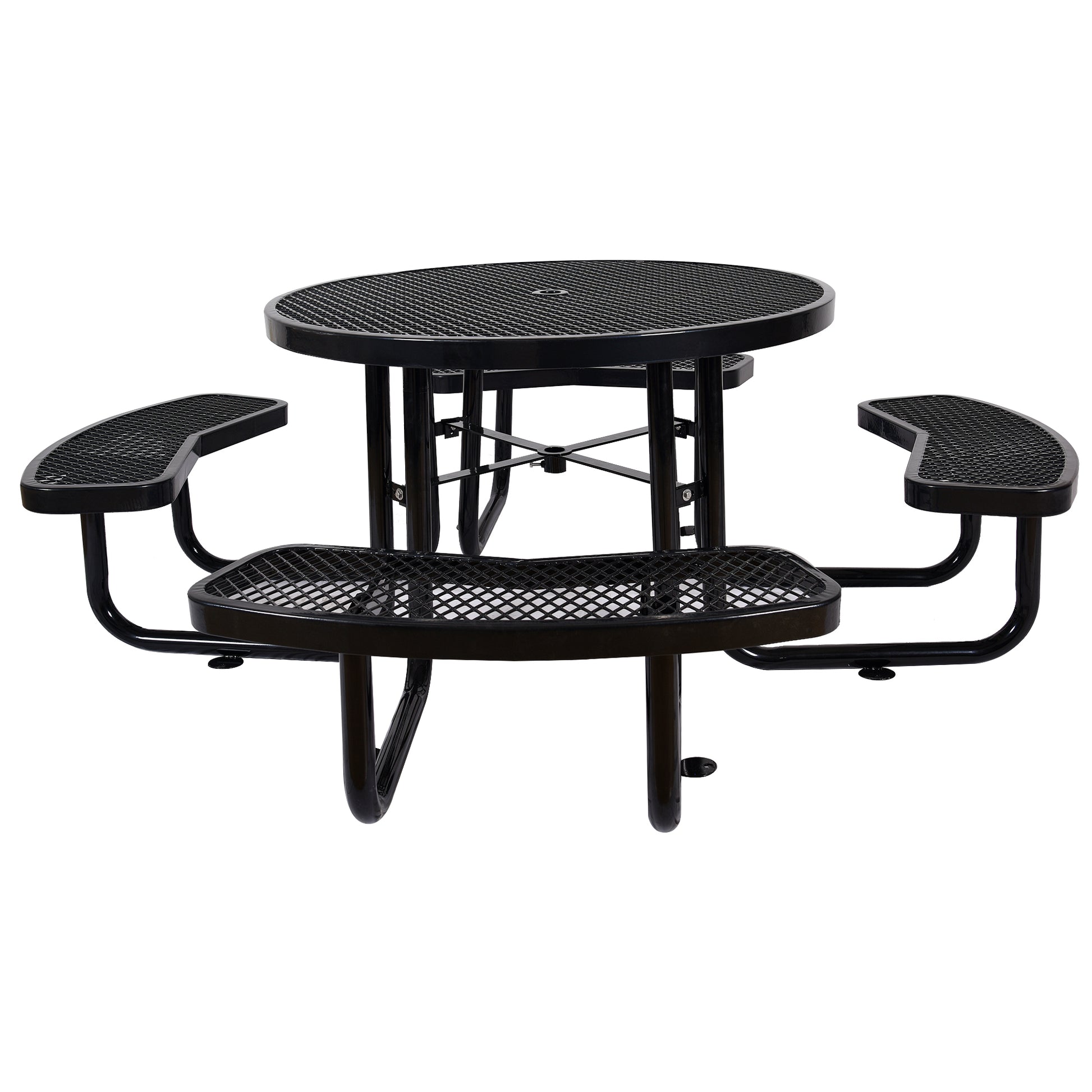 Black metal picnic table with attached benches and perforated surfaces