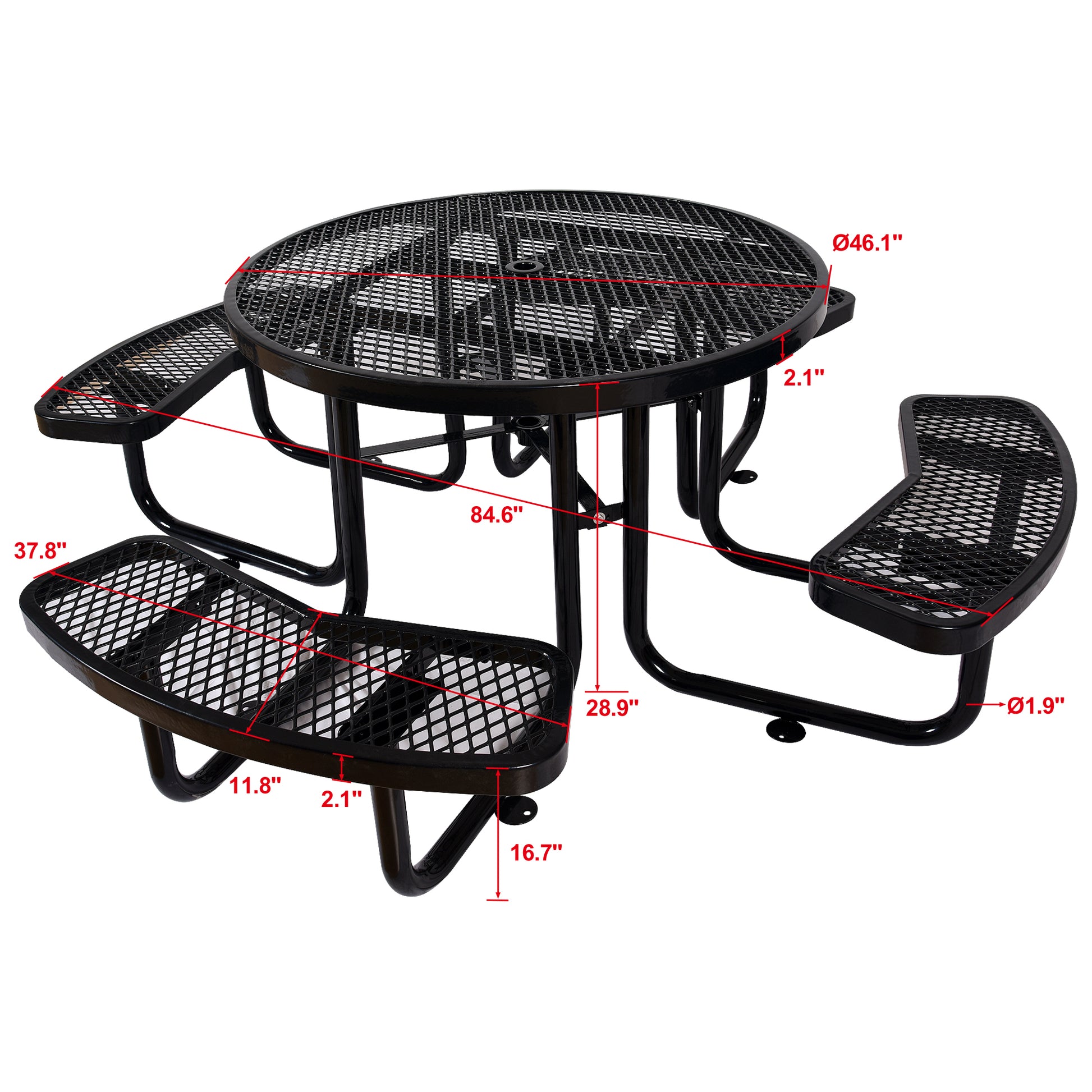 Black diamond mesh picnic table with attached benches  overall width