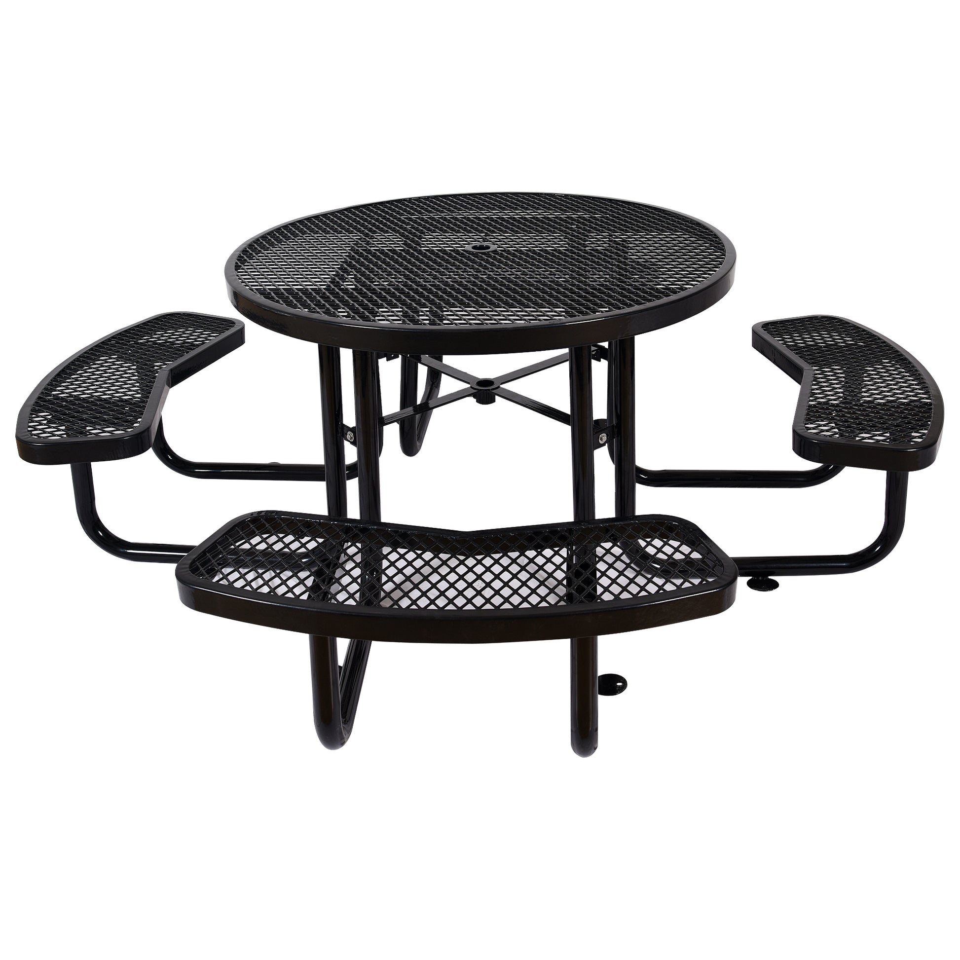 Black perforated metal round picnic table with attached benches