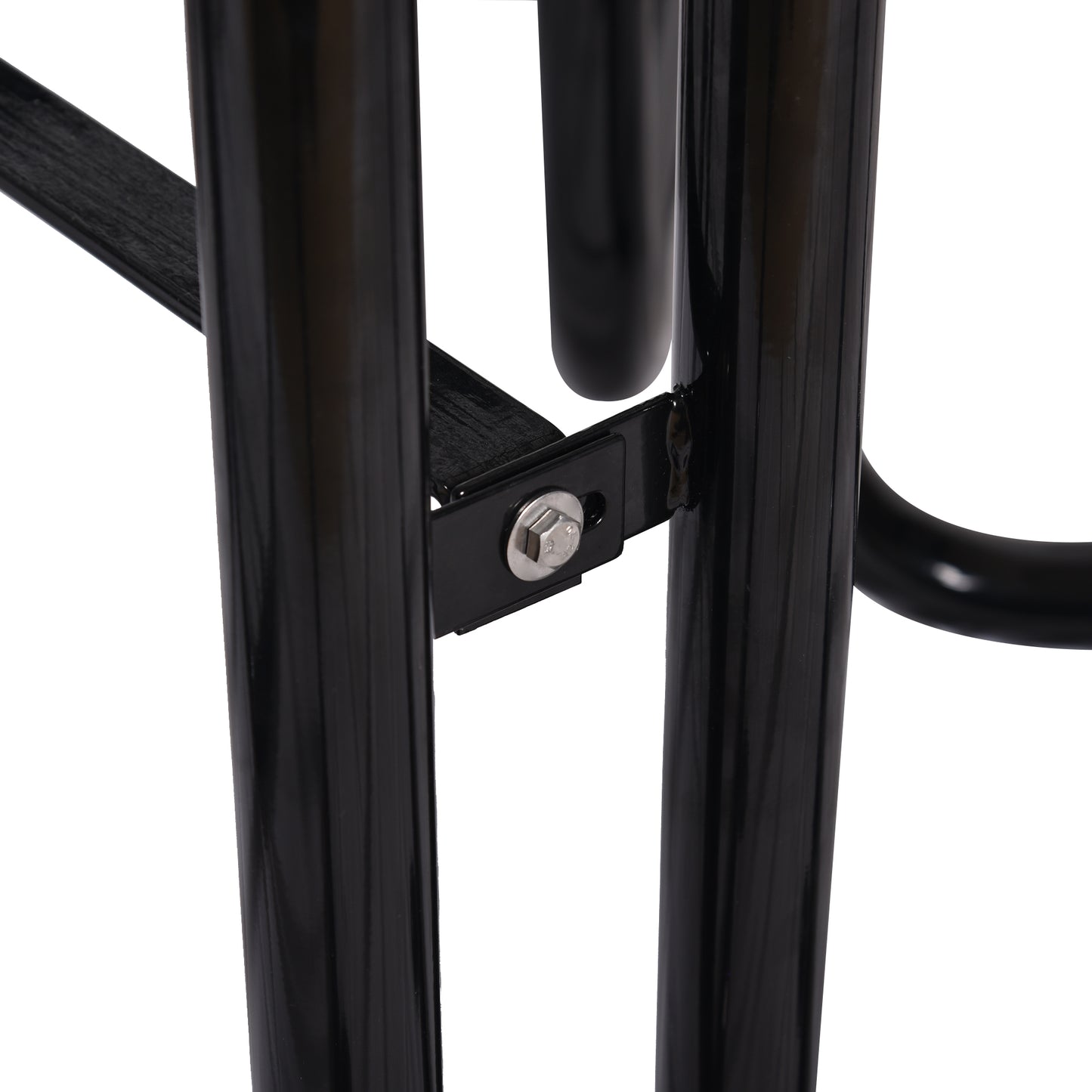 Black metal frame detail with visible bolt and strap attachment on a white background