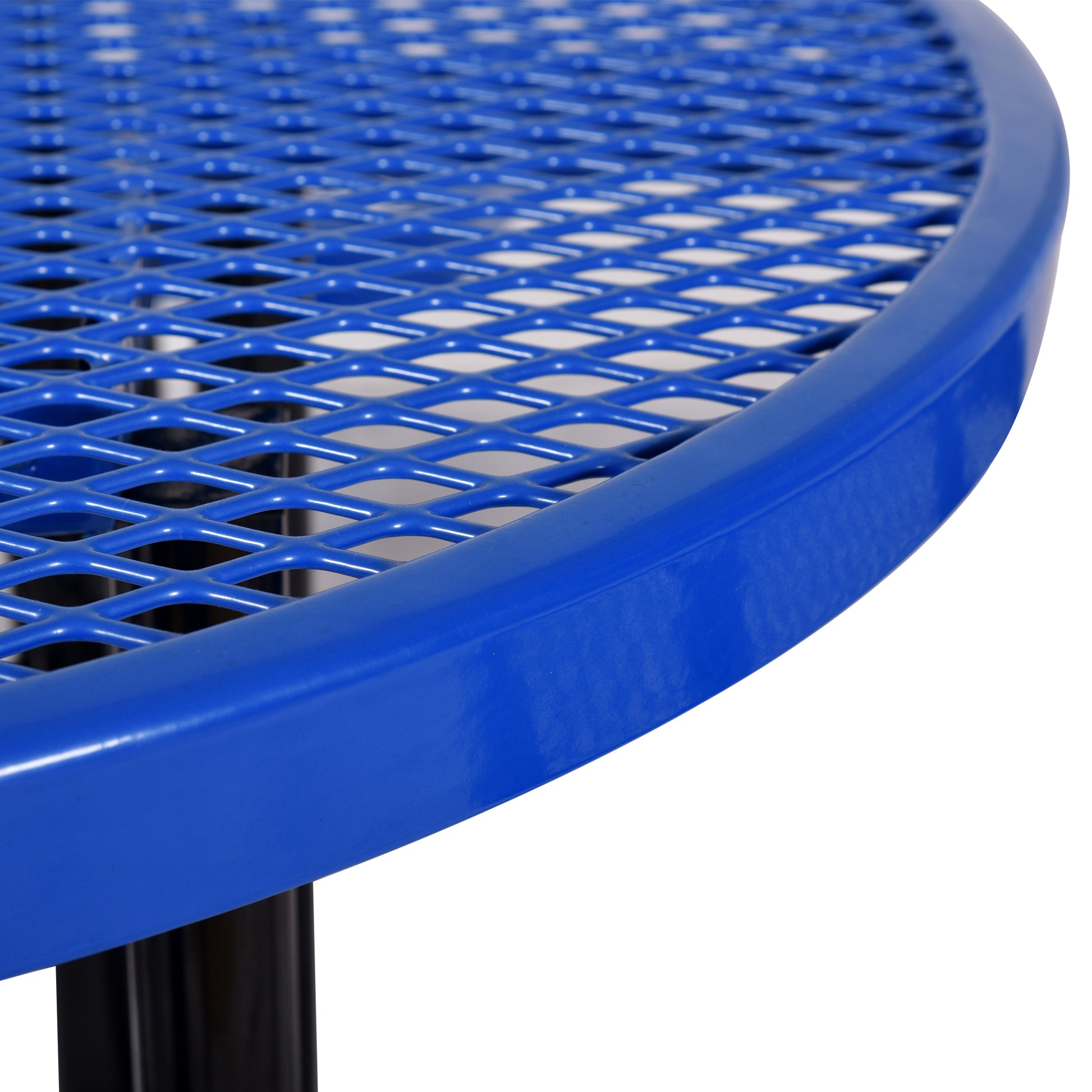 Closeup of a blue round picnic table top with a diamond pattern