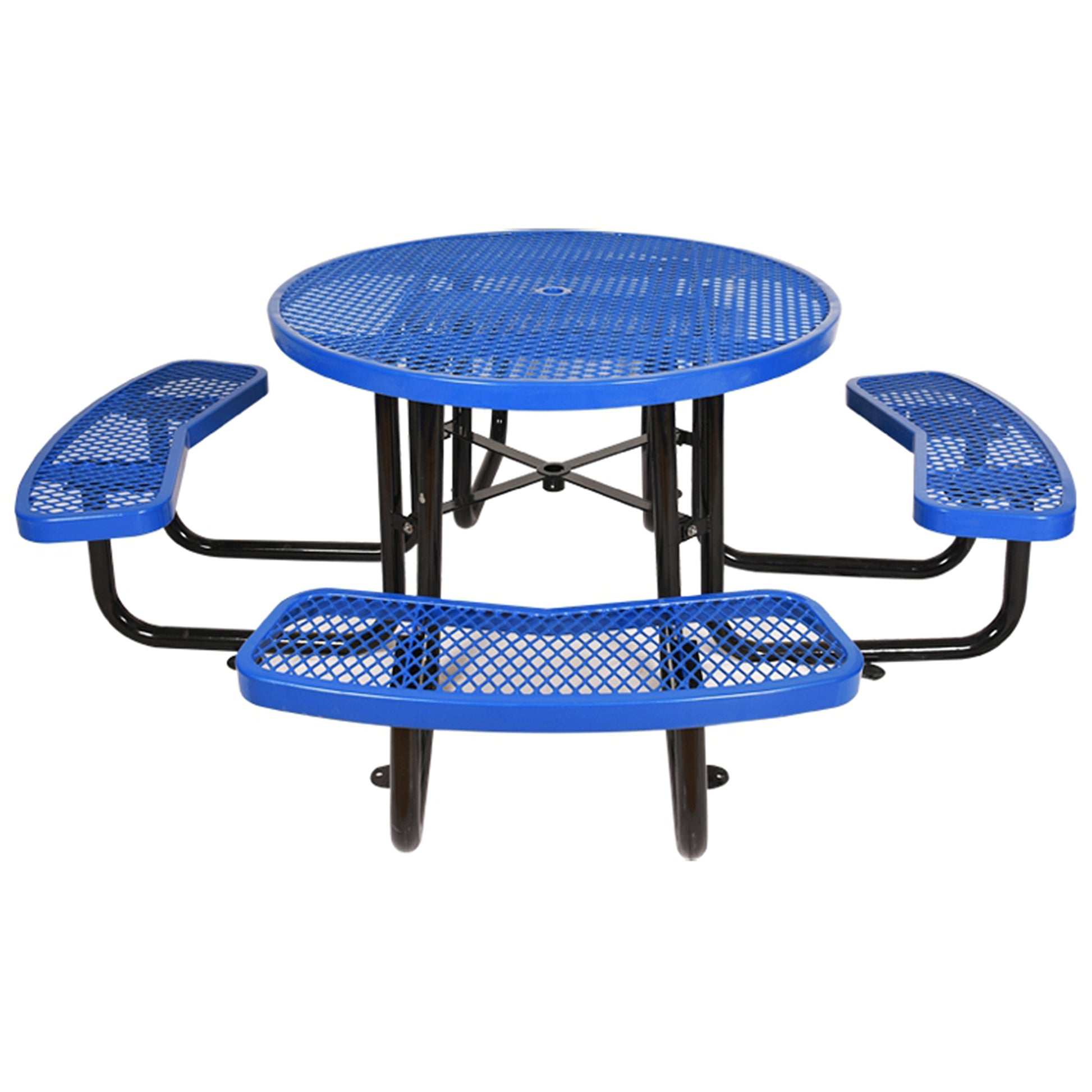 Blue perforated metal round picnic table with attached benches for outdoor dining