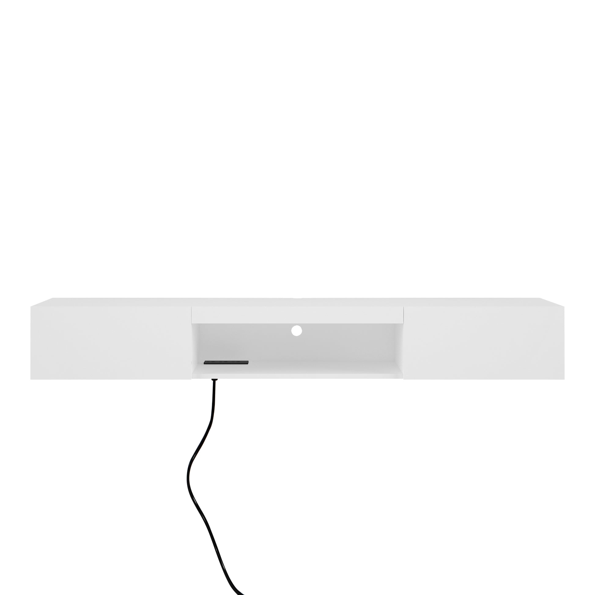 Sleek white floating TV stand with open shelving and cable management hole