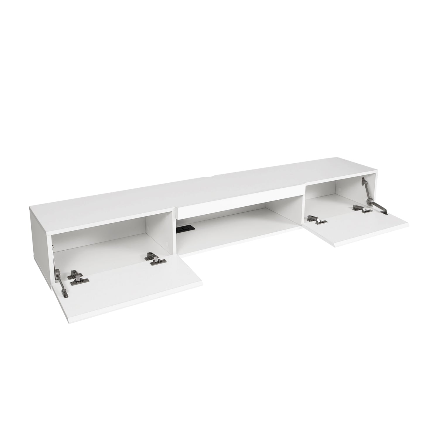 White floating media console with open compartments and two hinged doors