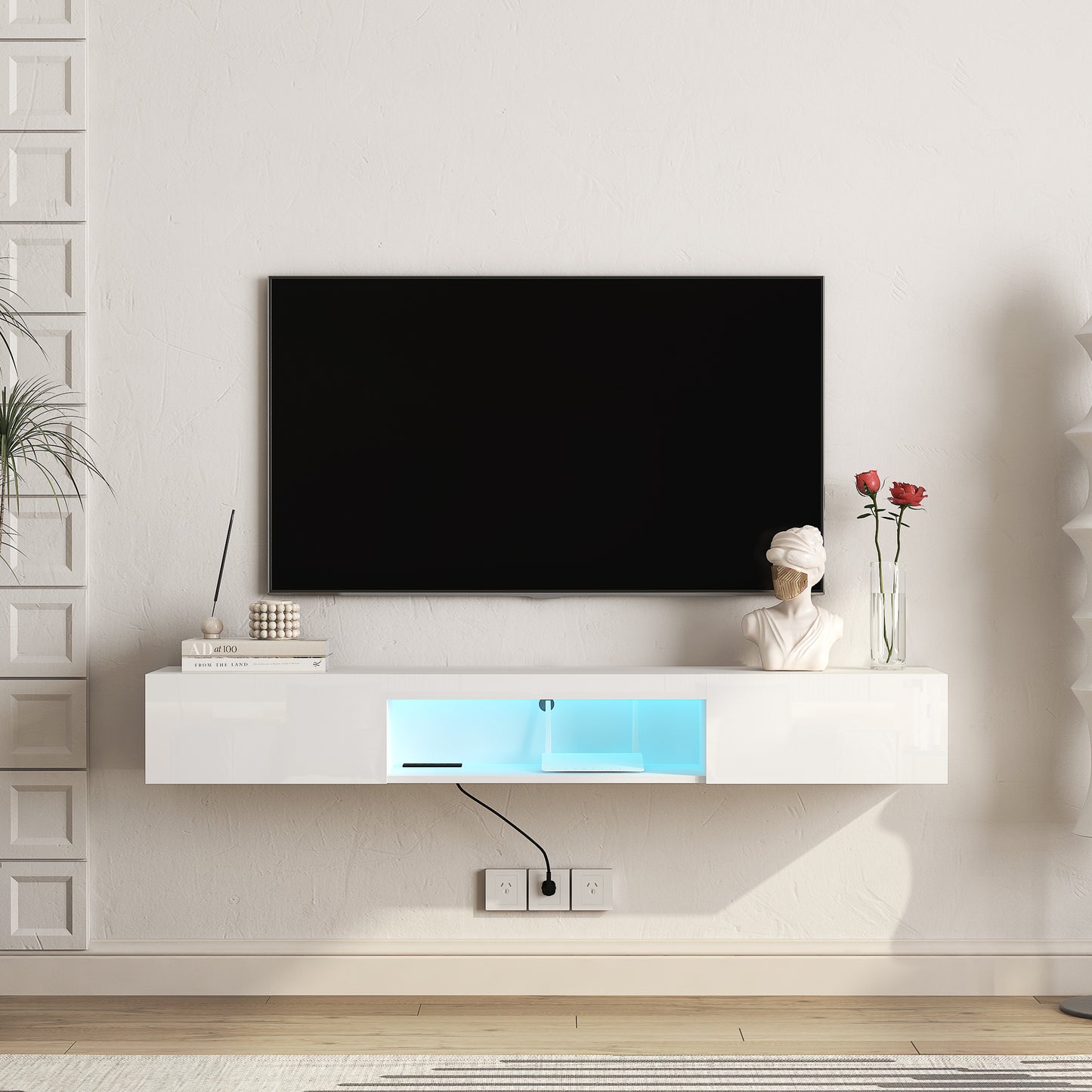 Modern floating white TV stand with blue LED interior lighting and minimalist design