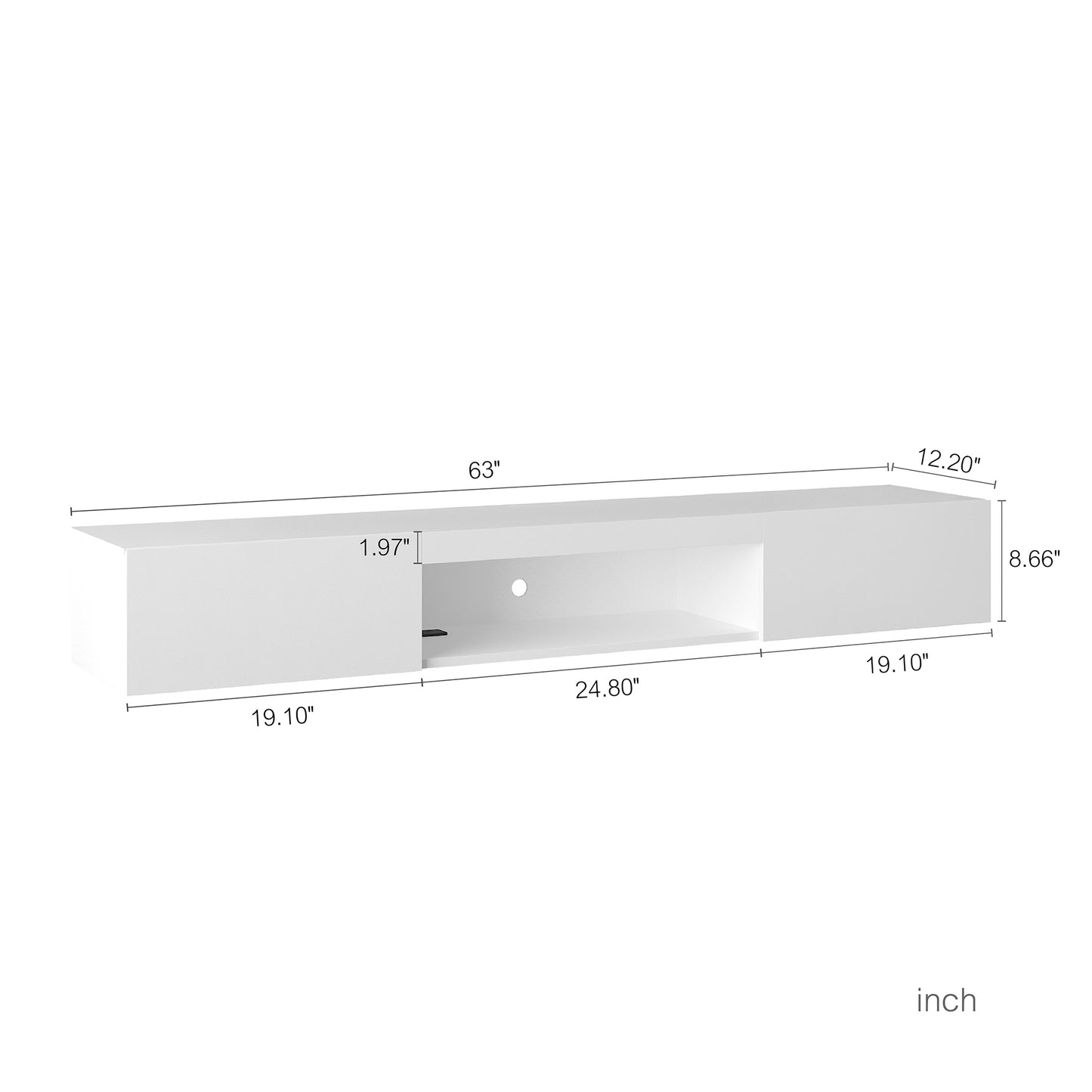 Modern white floating tv stand with open shelf and dimensions