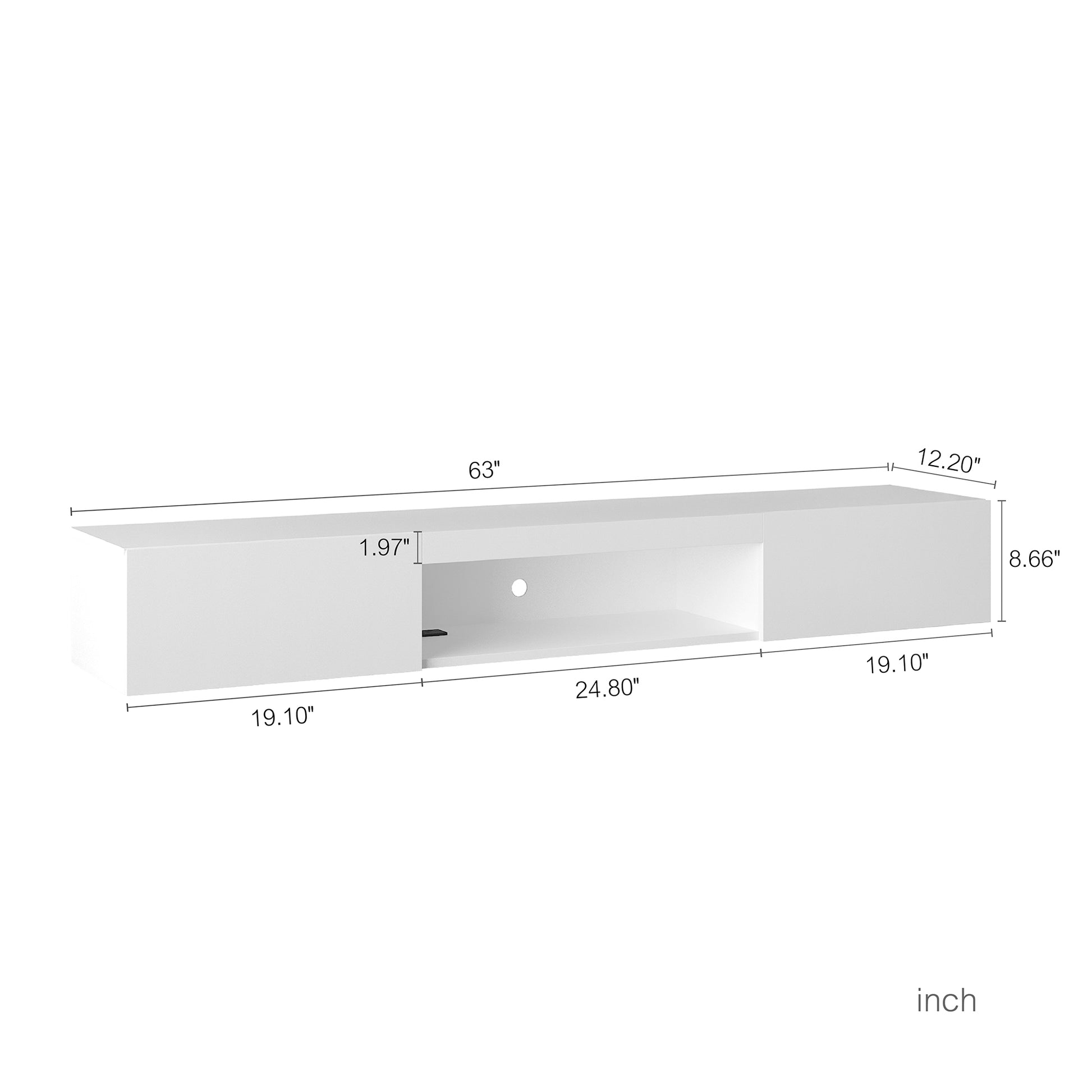 Modern white floating tv stand with open shelf and dimensions