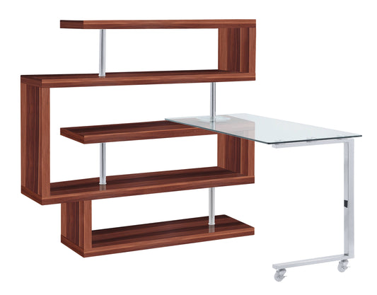 Modern walnut effect shelving unit with a glasstop rolling desk extension