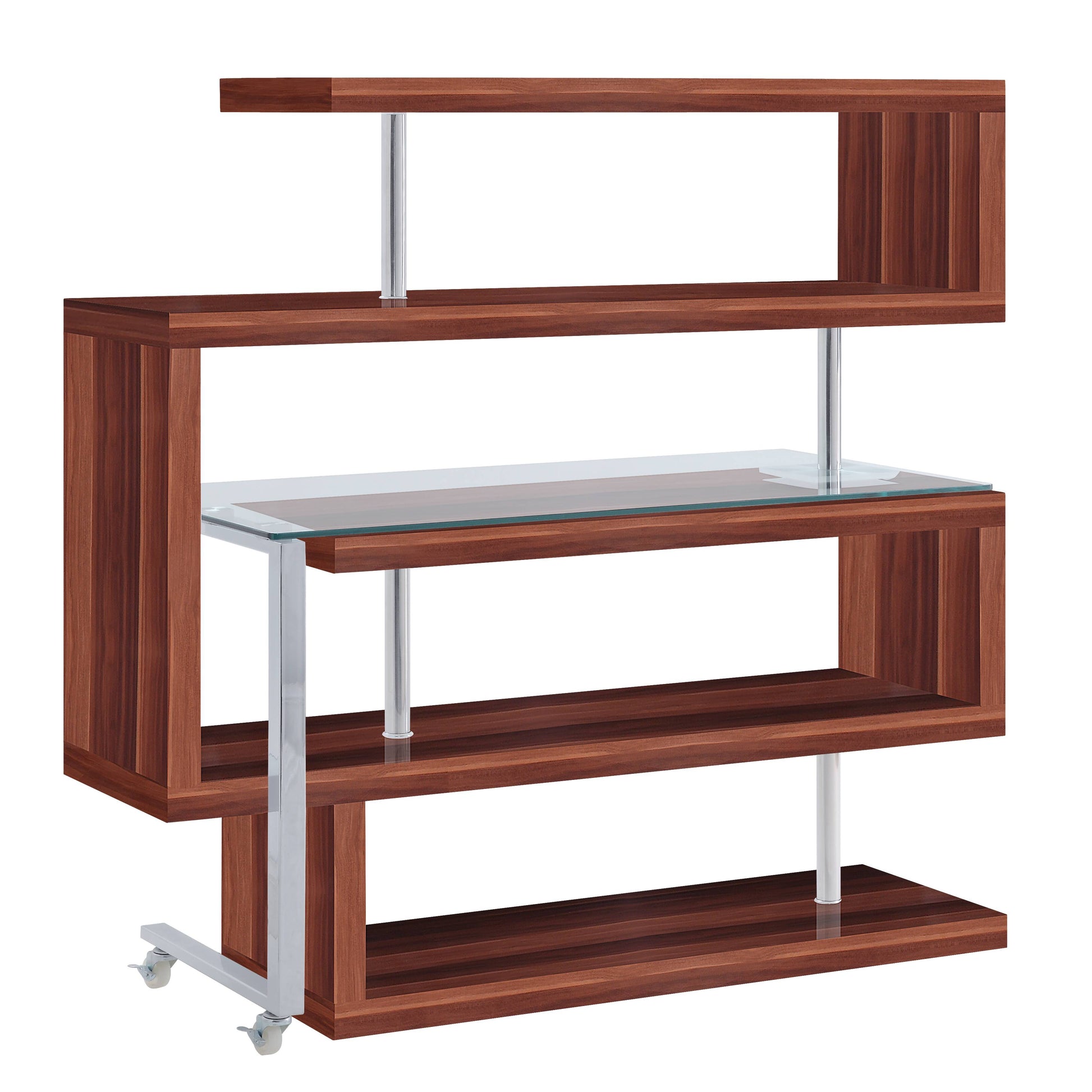 Modern walnut wood shelving unit with clear glass middle shelf and chrome supports