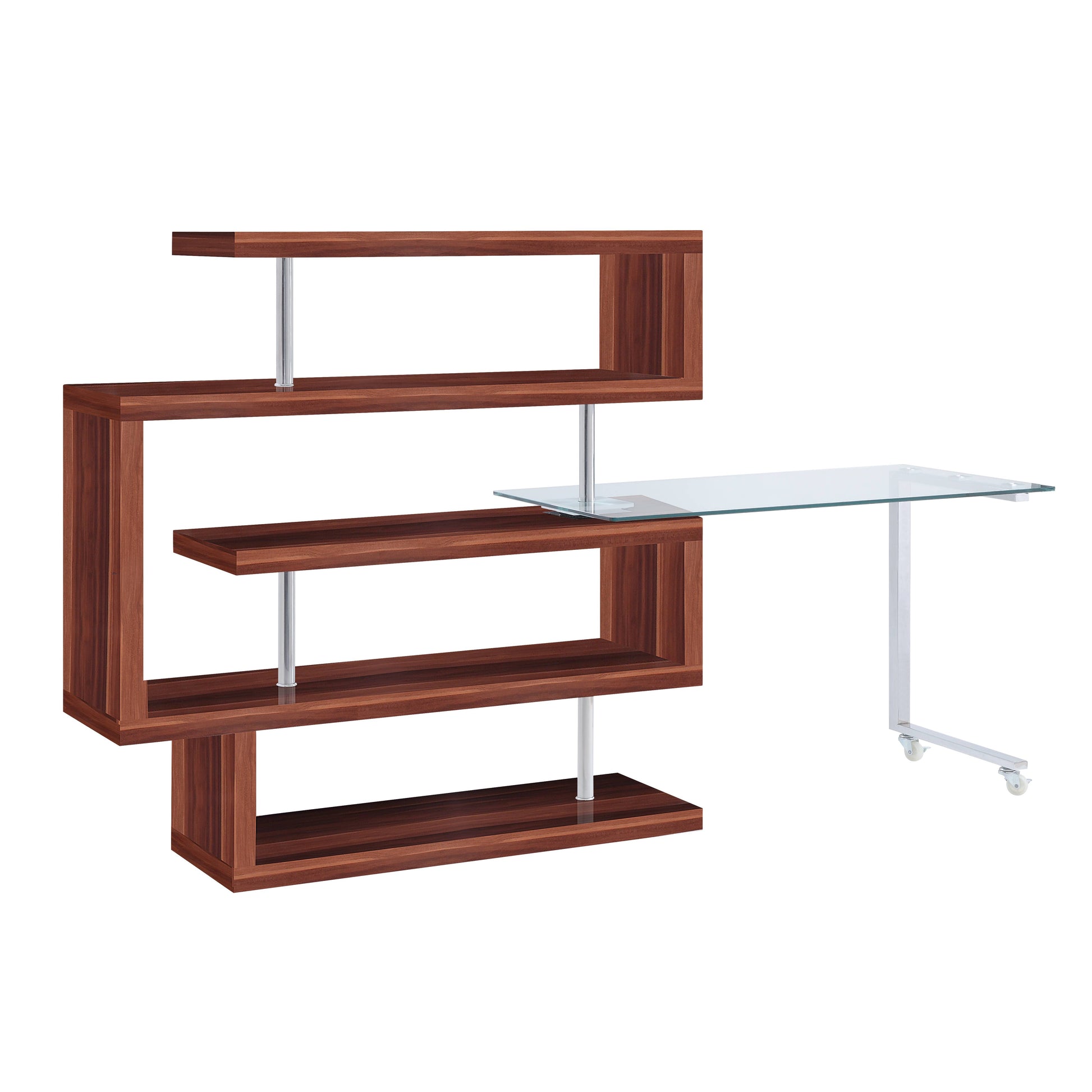 Walnut finish bookshelf with a floating glass desk and chrome legs