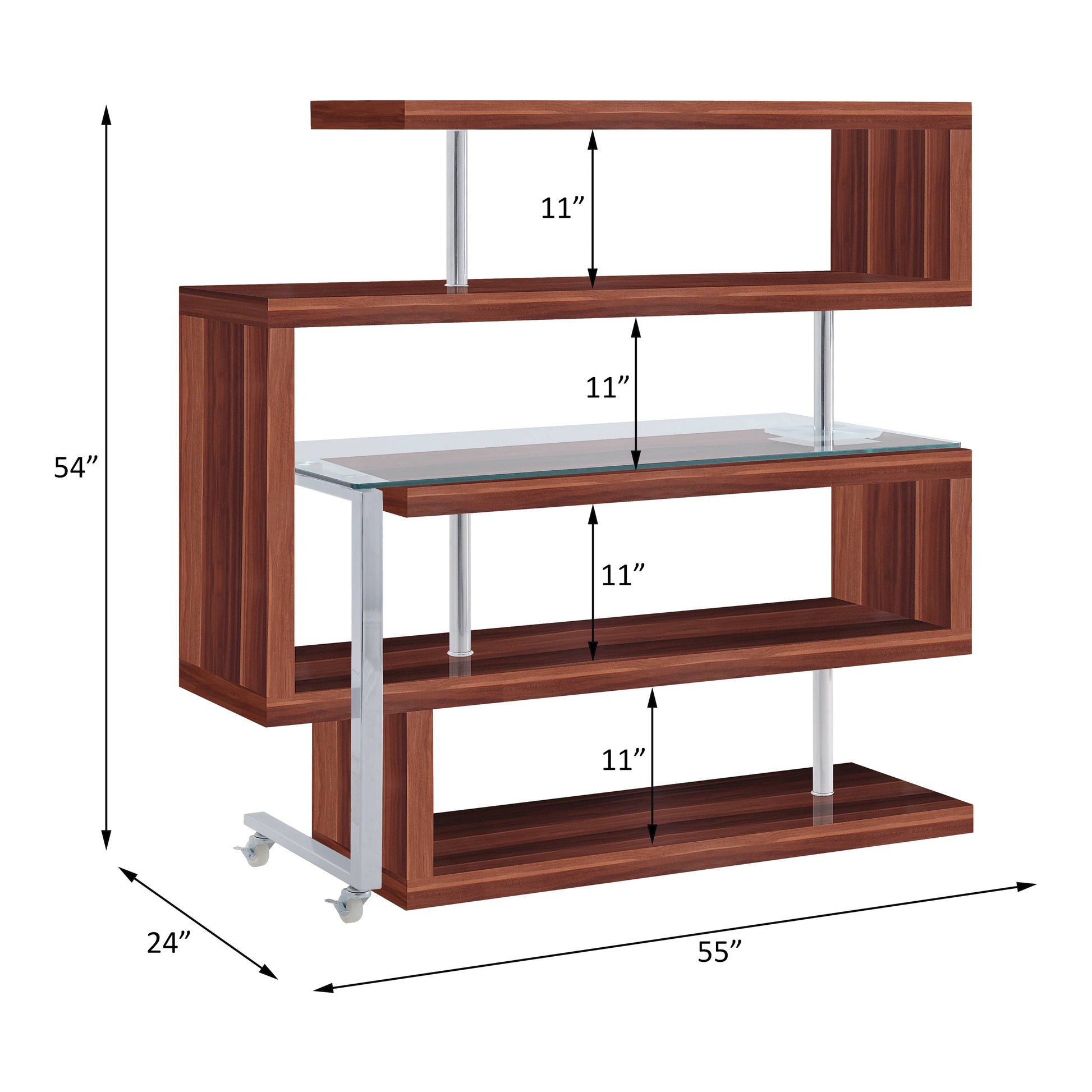 Modern walnut Sshaped bookshelf with glass shelf and chrome legs