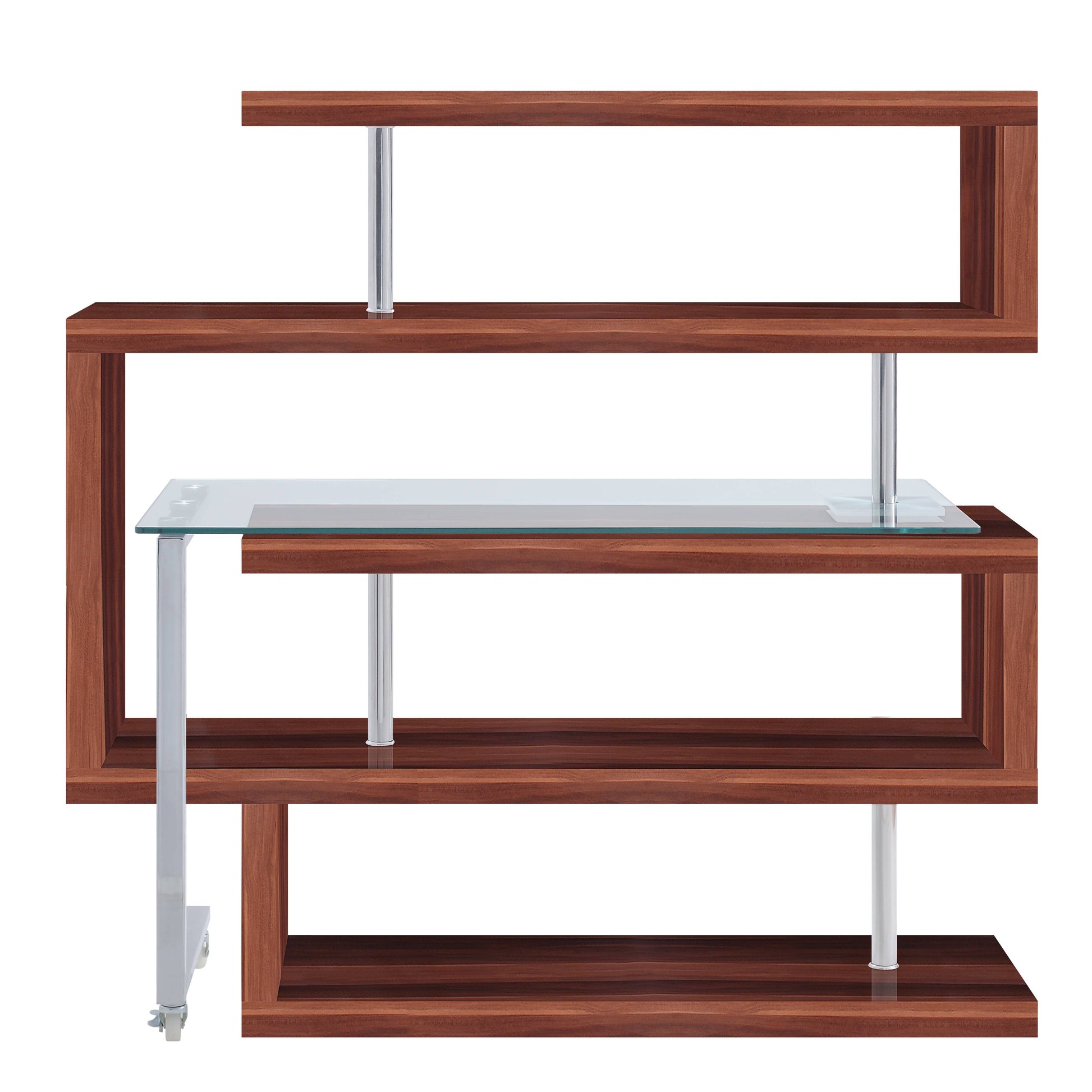 Modern Sshaped bookshelf with dark wood finish and clear glass shelf