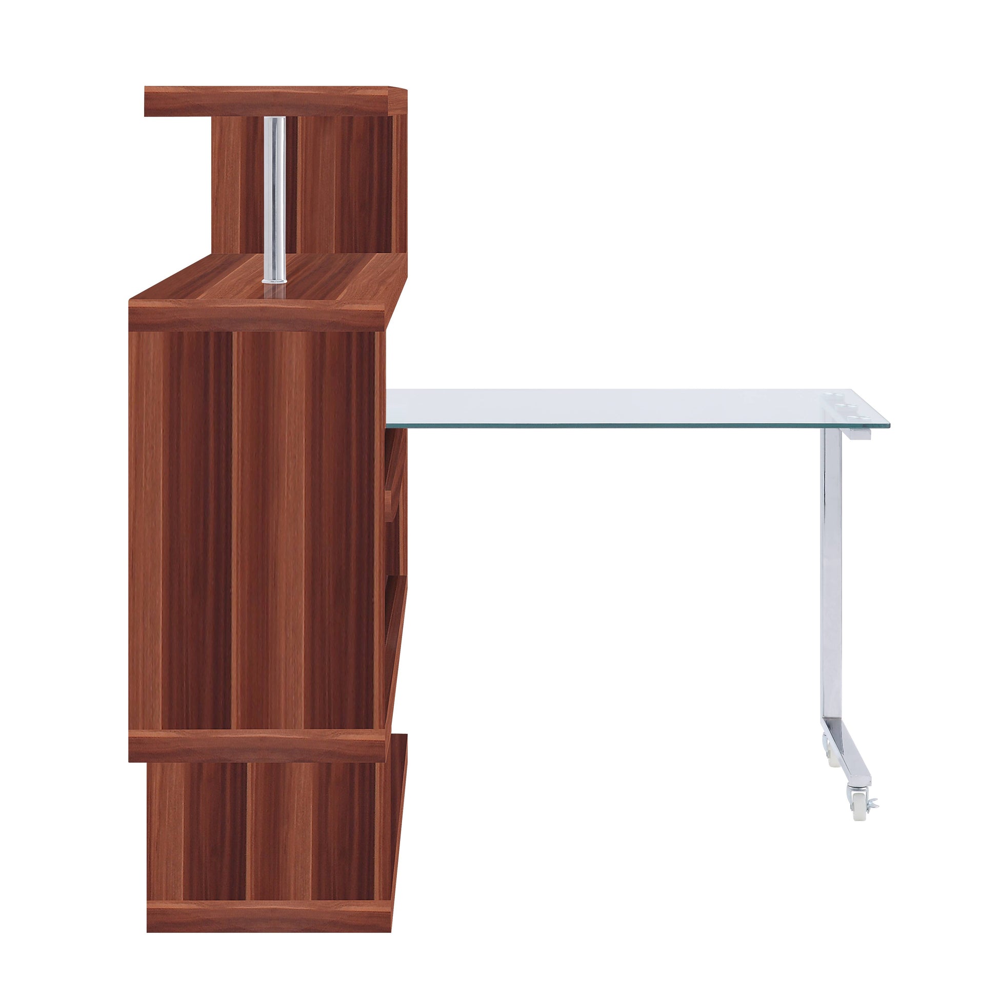 Modern walnut veneer desk with chrome accents and clear glass surface