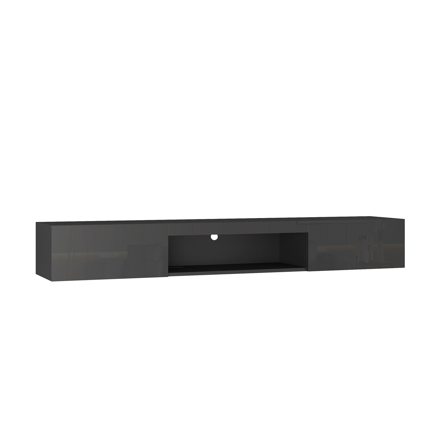 Sleek dark grey floating tv stand with open media shelf and cable management hole