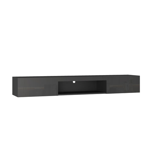 Sleek dark grey floating tv stand with open media shelf and cable management hole