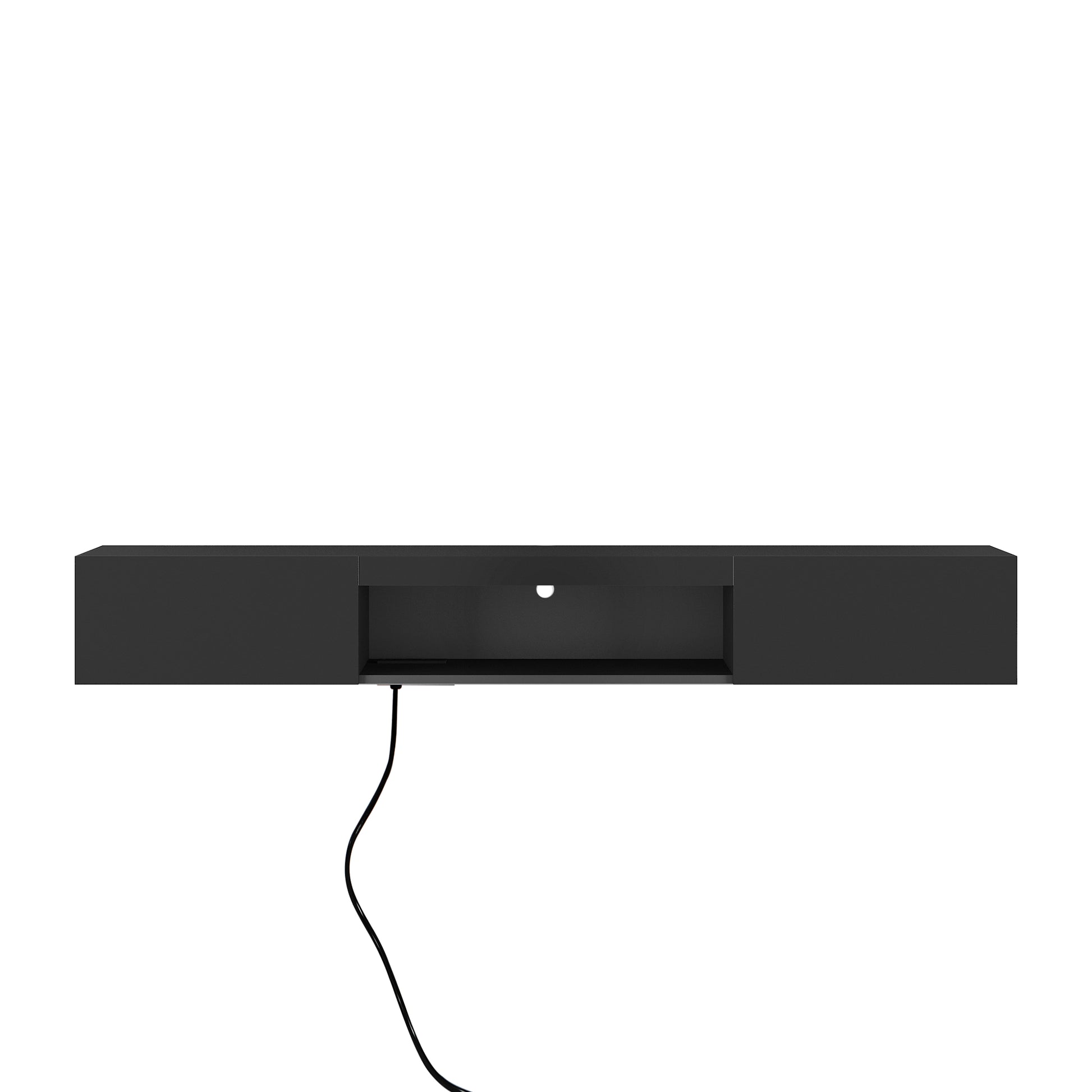 Sleek black wallmounted TV stand with open media shelf and cable management hole