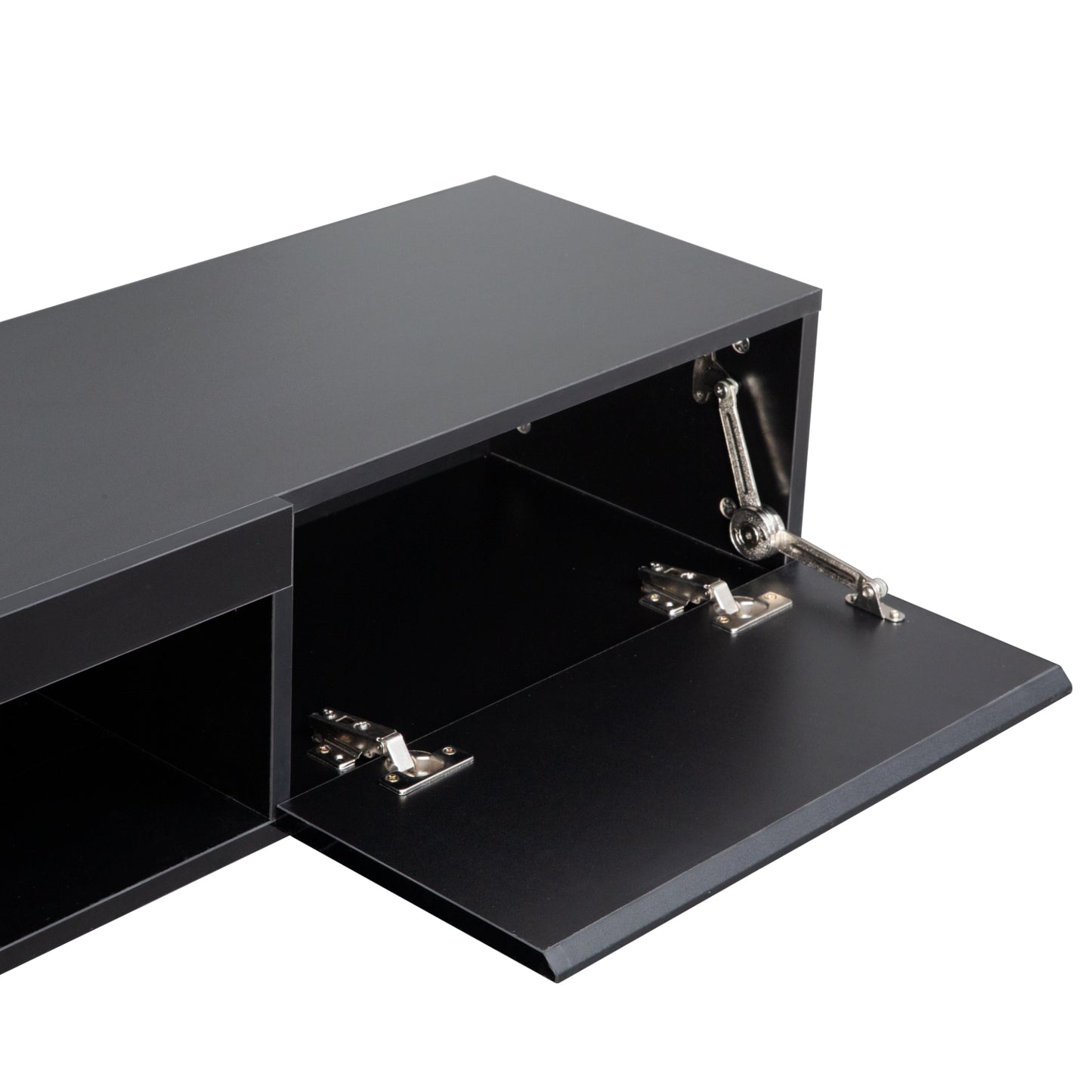 Black modern media console with one open cabinet door showing silver hinges