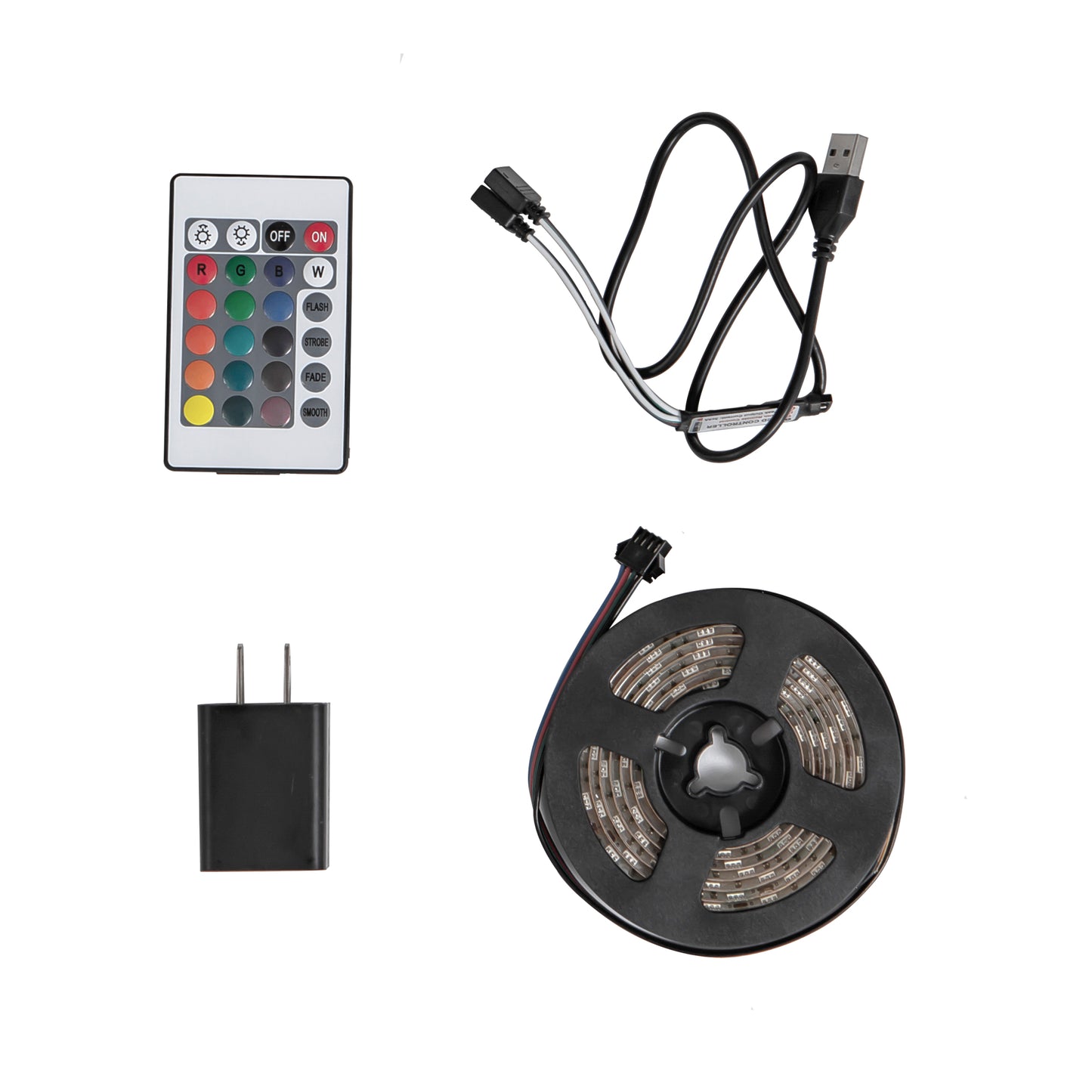 RGB LED strip light remote control with color and mode buttons for easy lighting customization