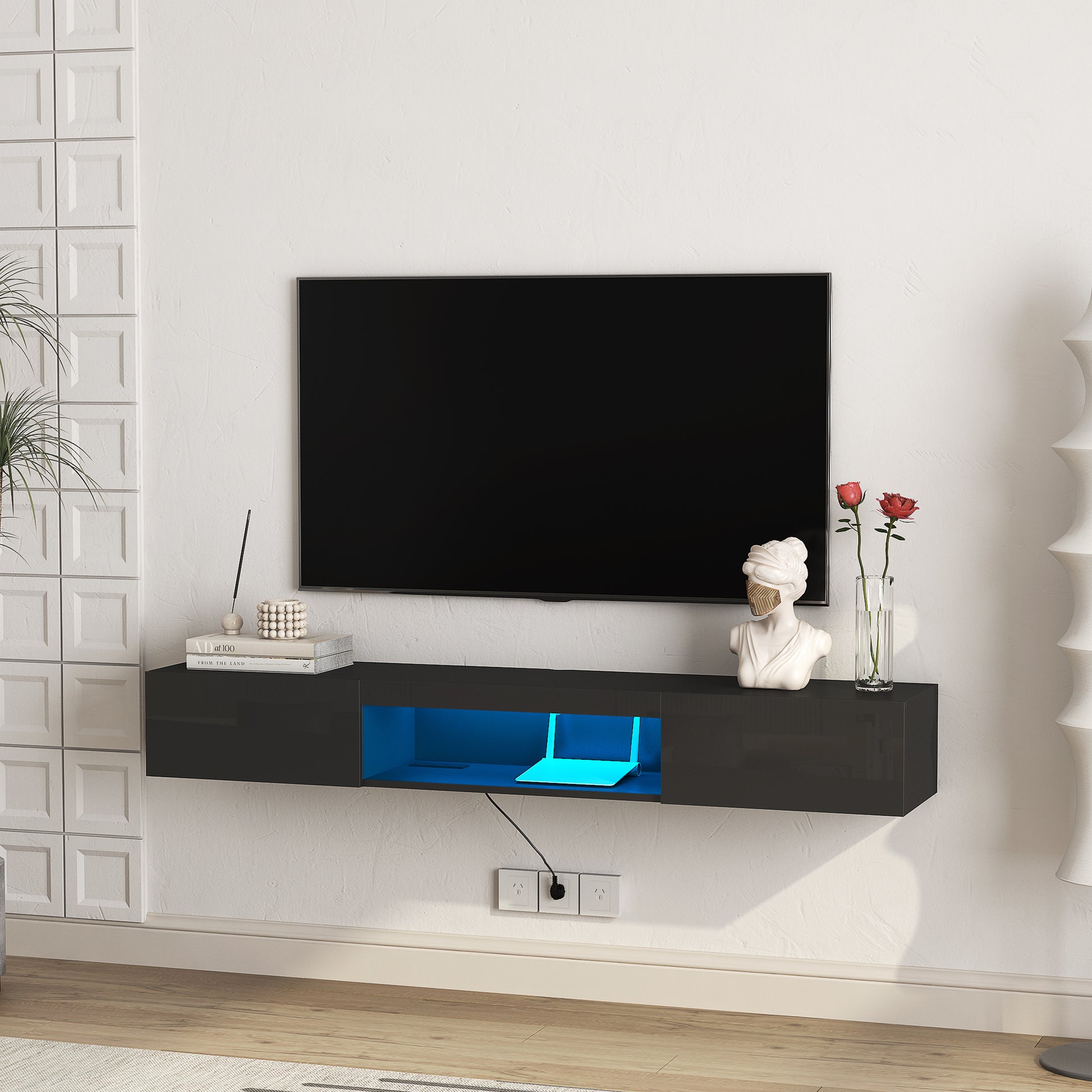 Floating media console in dark grey with blue LED lighting perfect for modern living rooms