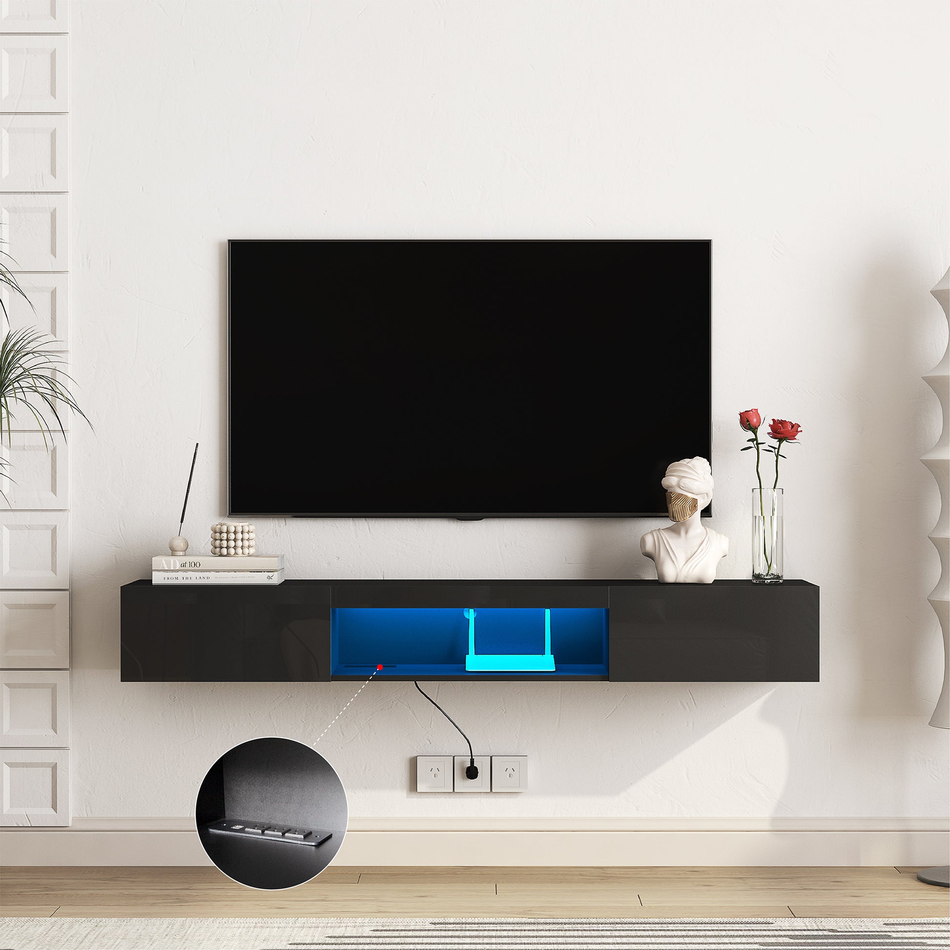 Sleek black floating TV stand with blue LED lighting perfect for modern living rooms
