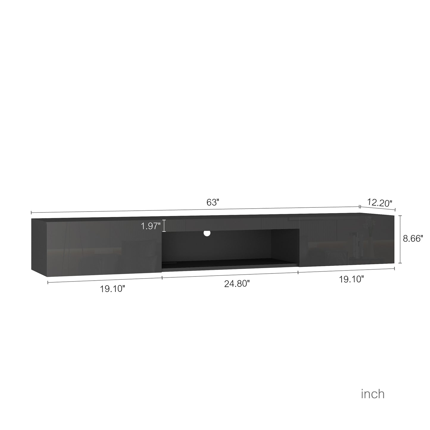 Grey modern media console with dimensions W x D x H