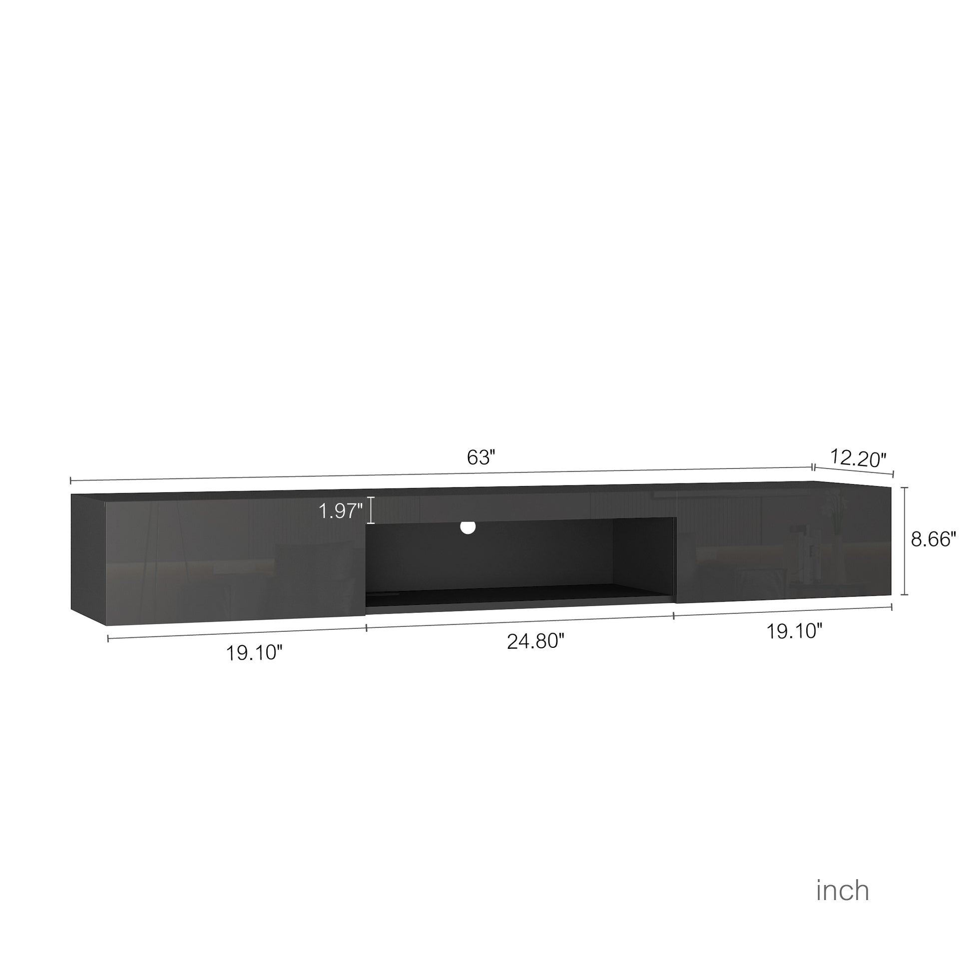 Grey modern media console with dimensions W x D x H