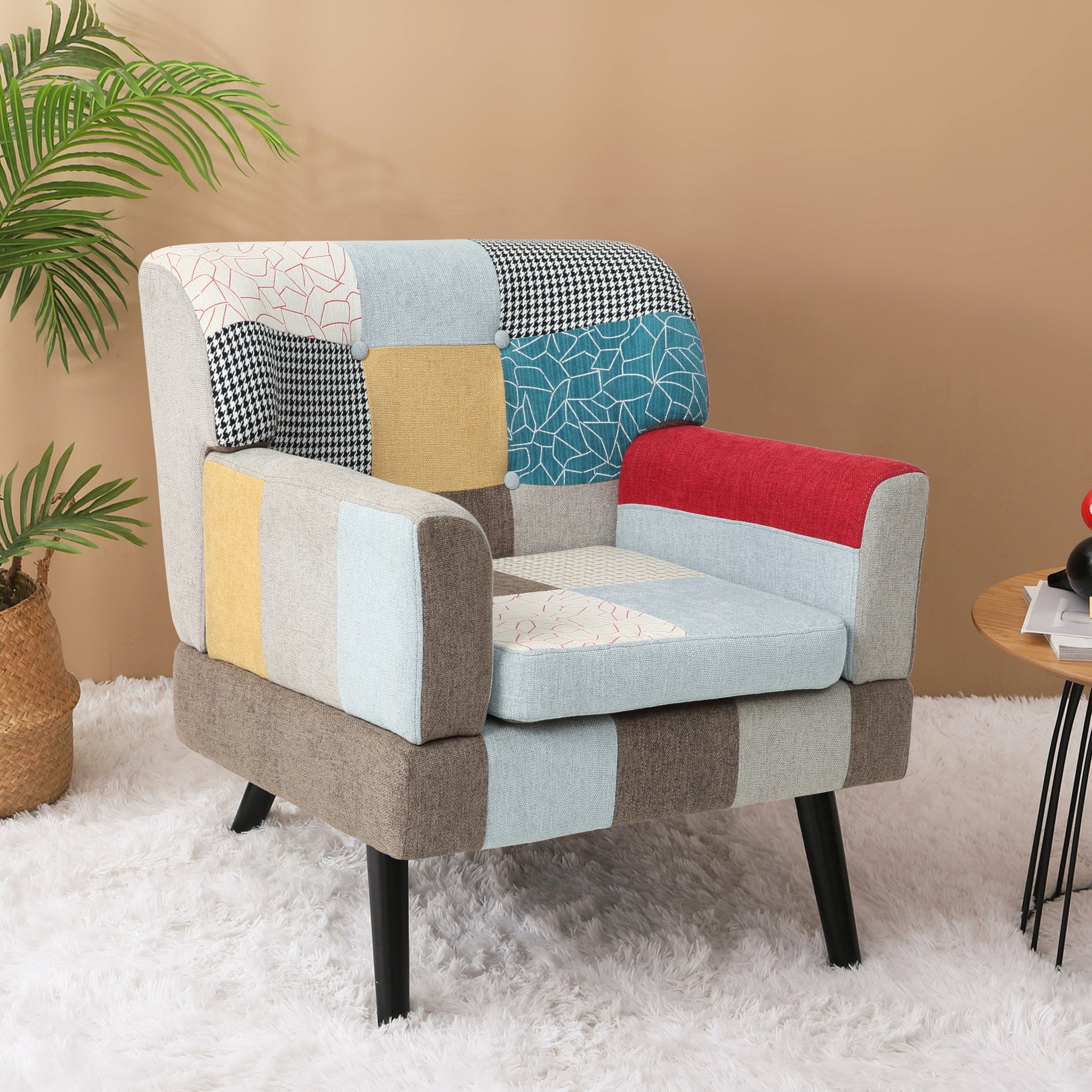 Patchwork accent chair with colorful squares and patterns ideal for living room