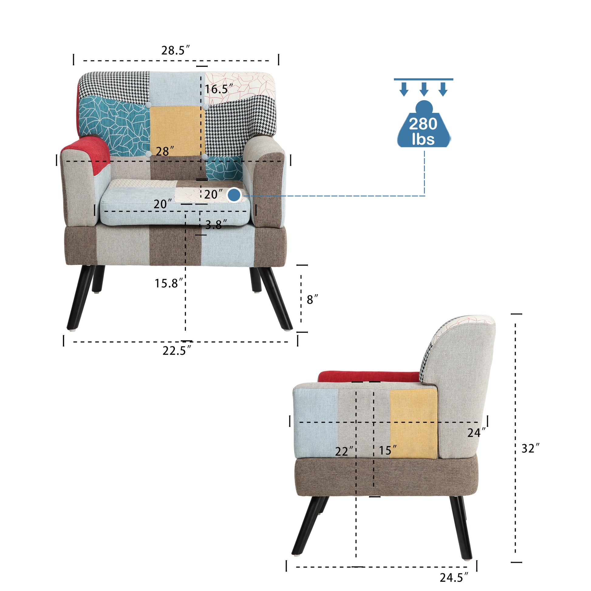 Multicolor patchwork armchair with patterned fabric and padded seat perfect for adding flair to any room