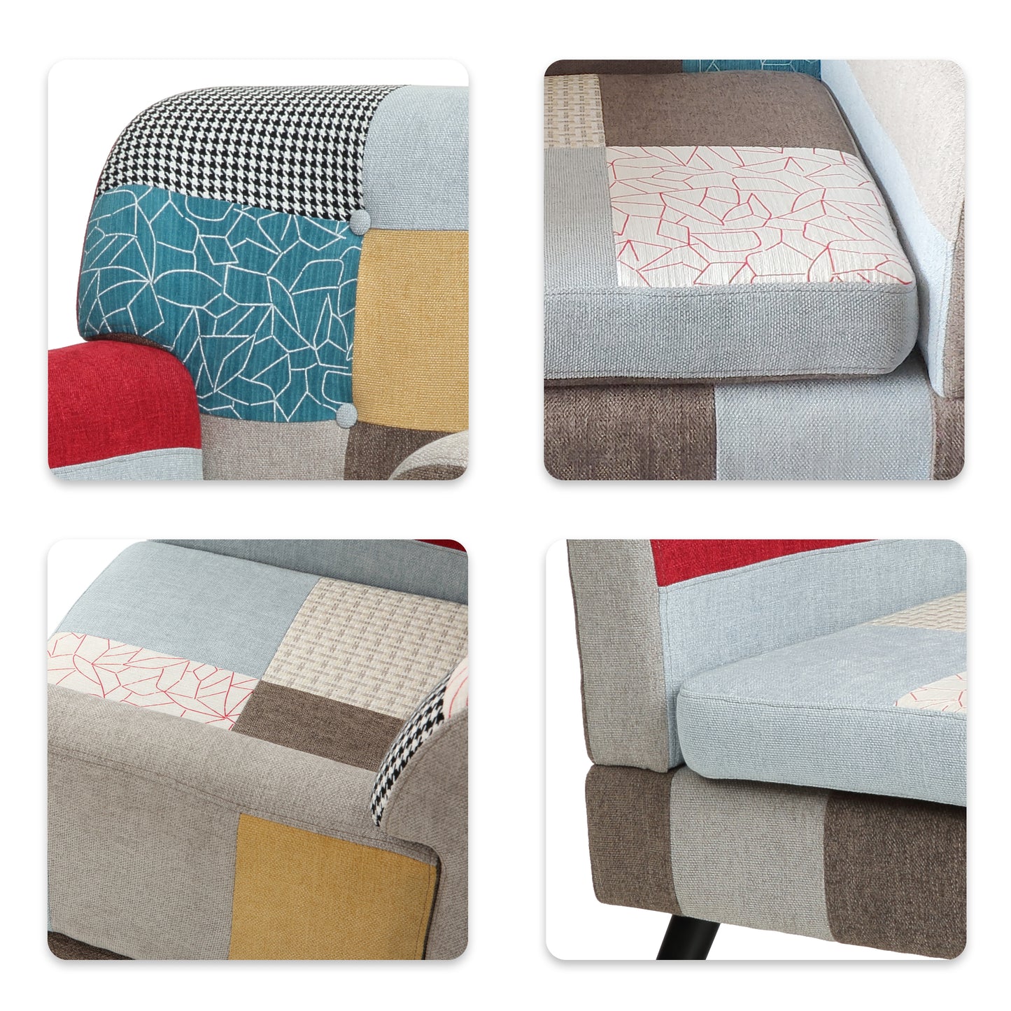 Patchwork armchair with houndstooth geometric blue and red fabric sections