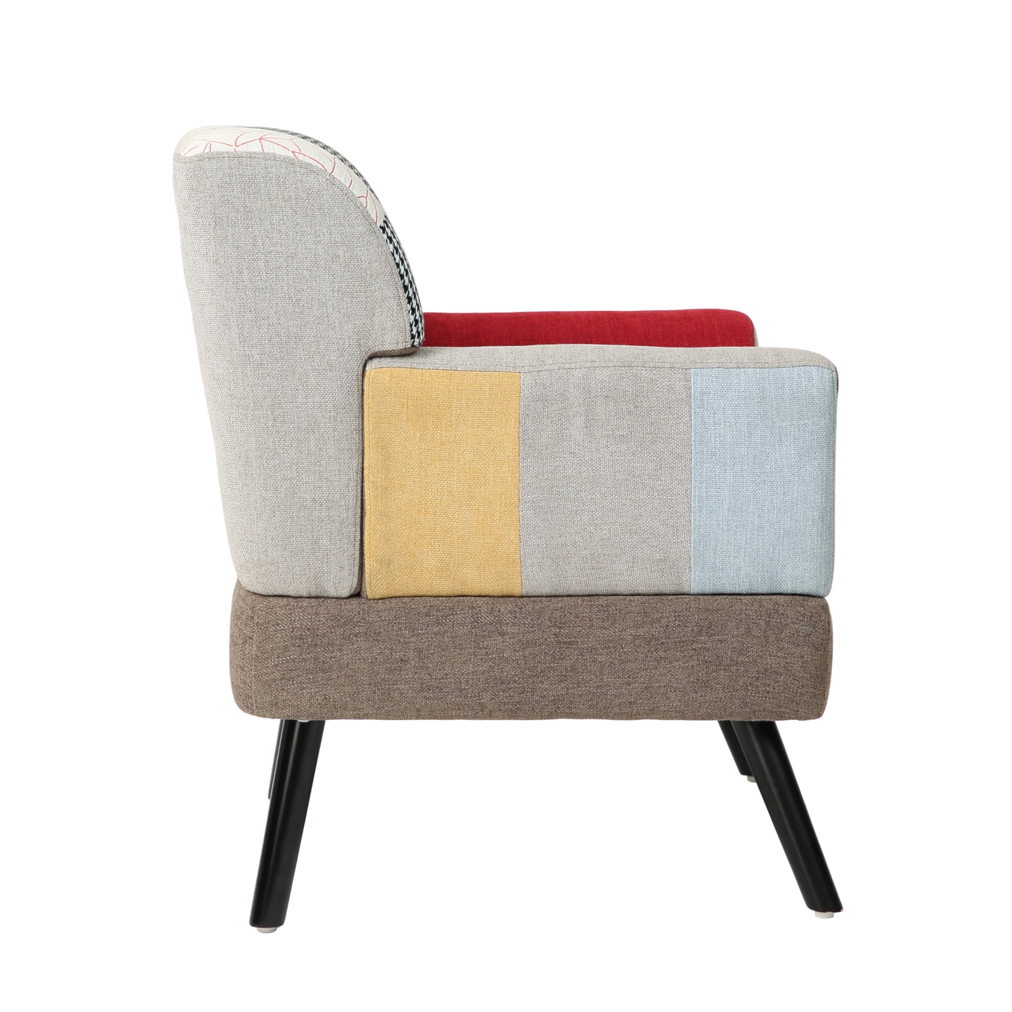 Multicolor patchwork armchair with upholstered seat and textured fabric finish