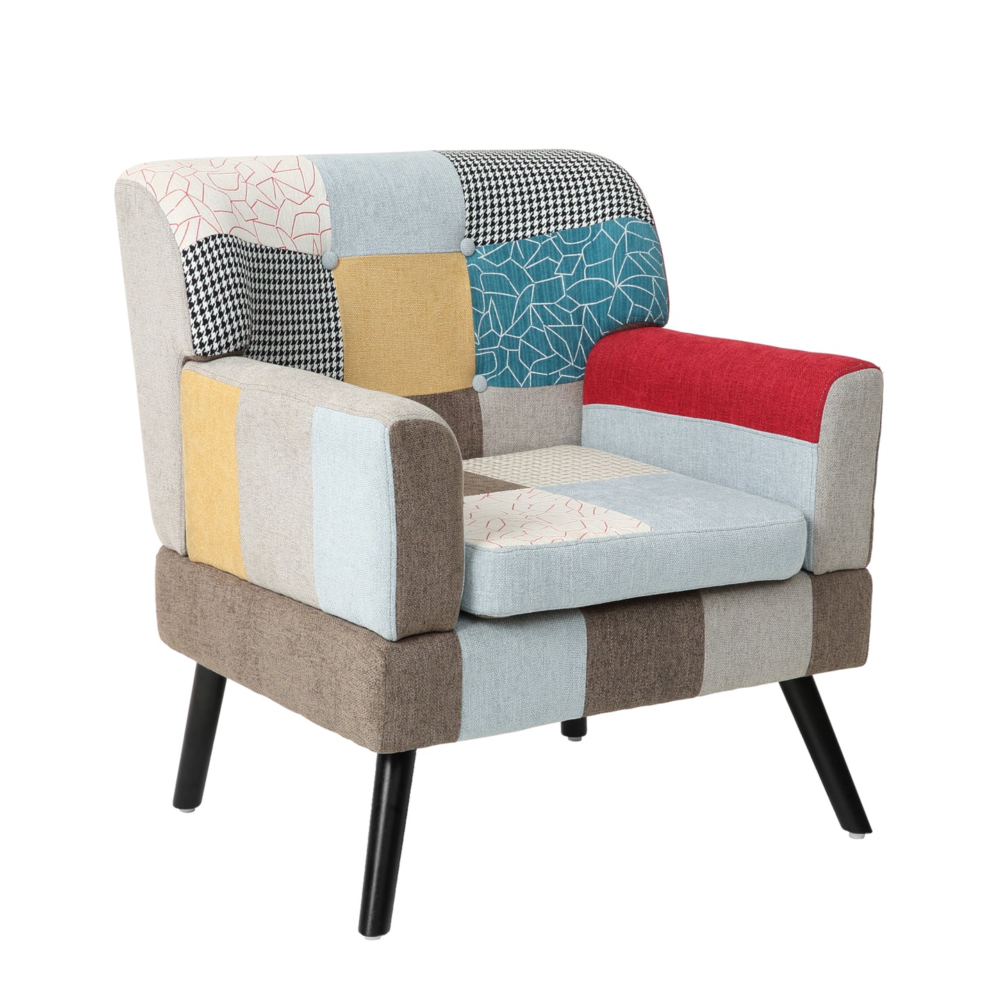 Patchwork accent chair with red blue and yellow fabric panels perfect for a living room