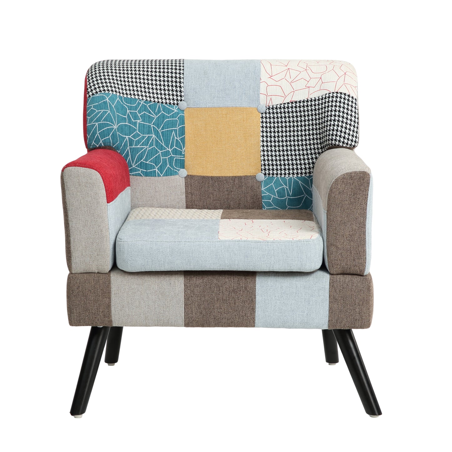 Patchwork accent chair in blue red yellow and black houndstooth patterns with tapered legs