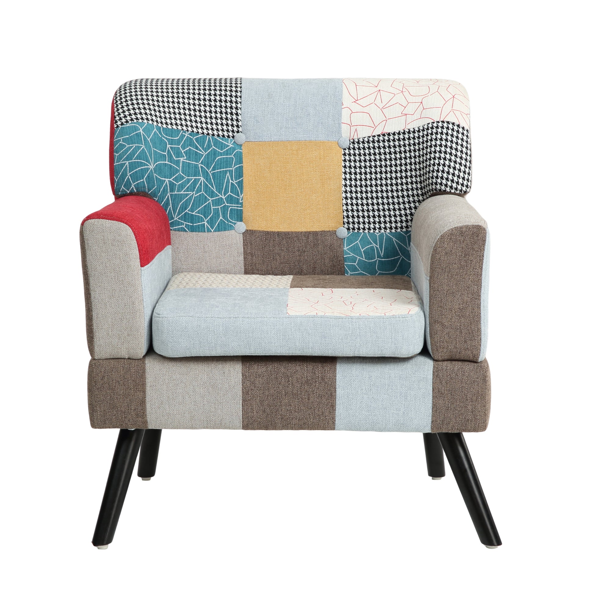 Patchwork accent chair in blue red yellow and black houndstooth patterns with tapered legs