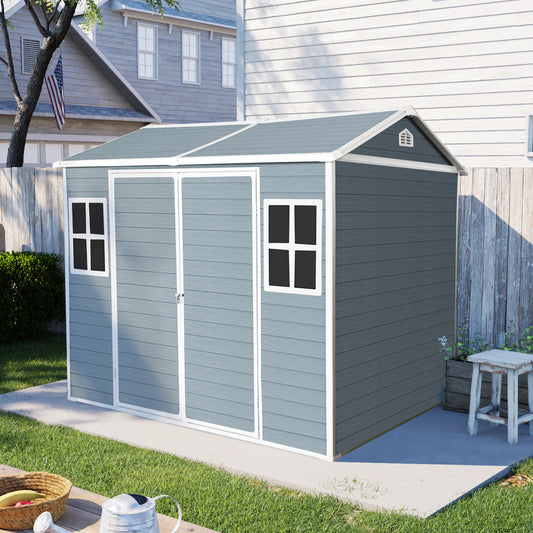 Blue garden shed with double doors and two windows ideal for outdoor storage