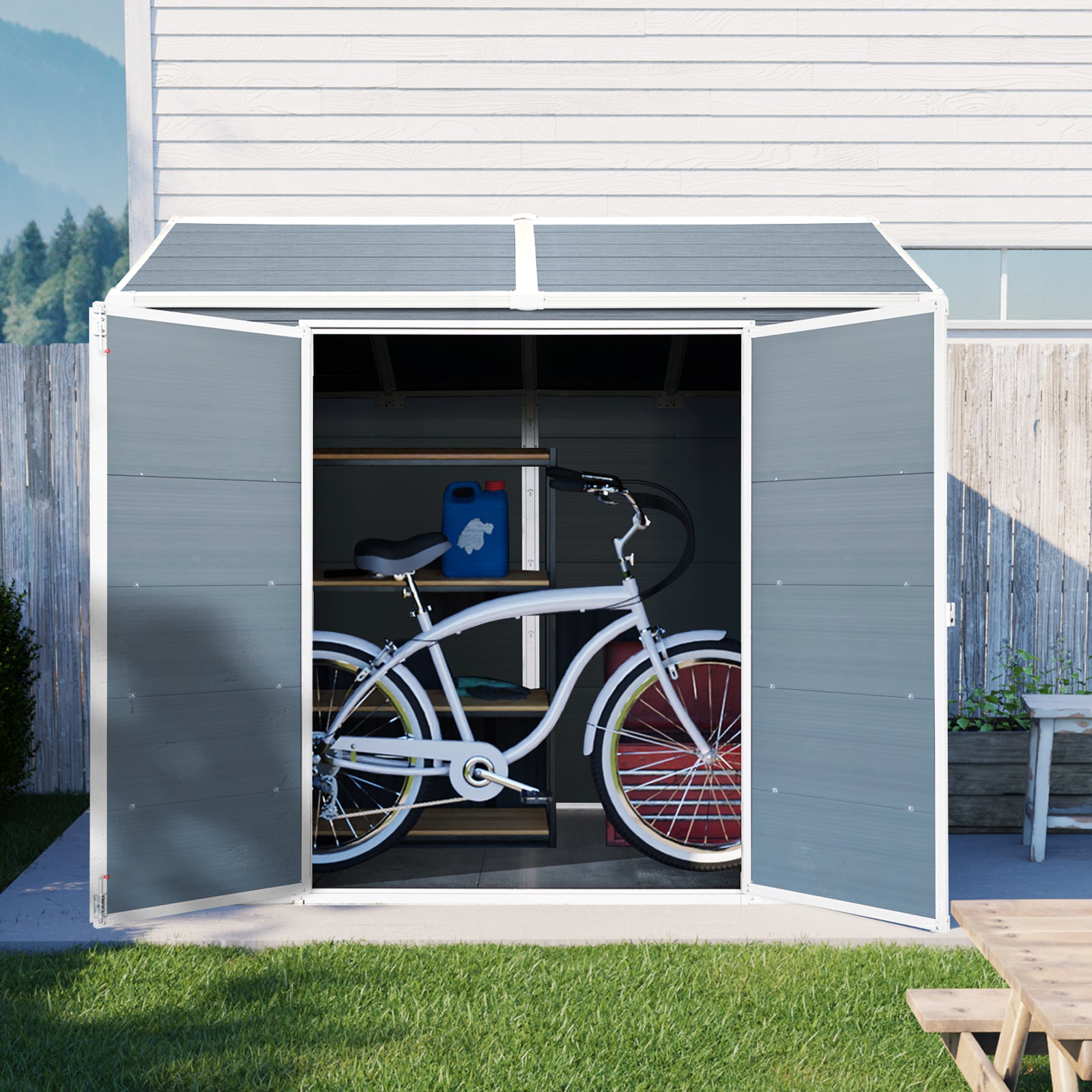 Gray woodlook storage shed with open doors and white bicycle inside