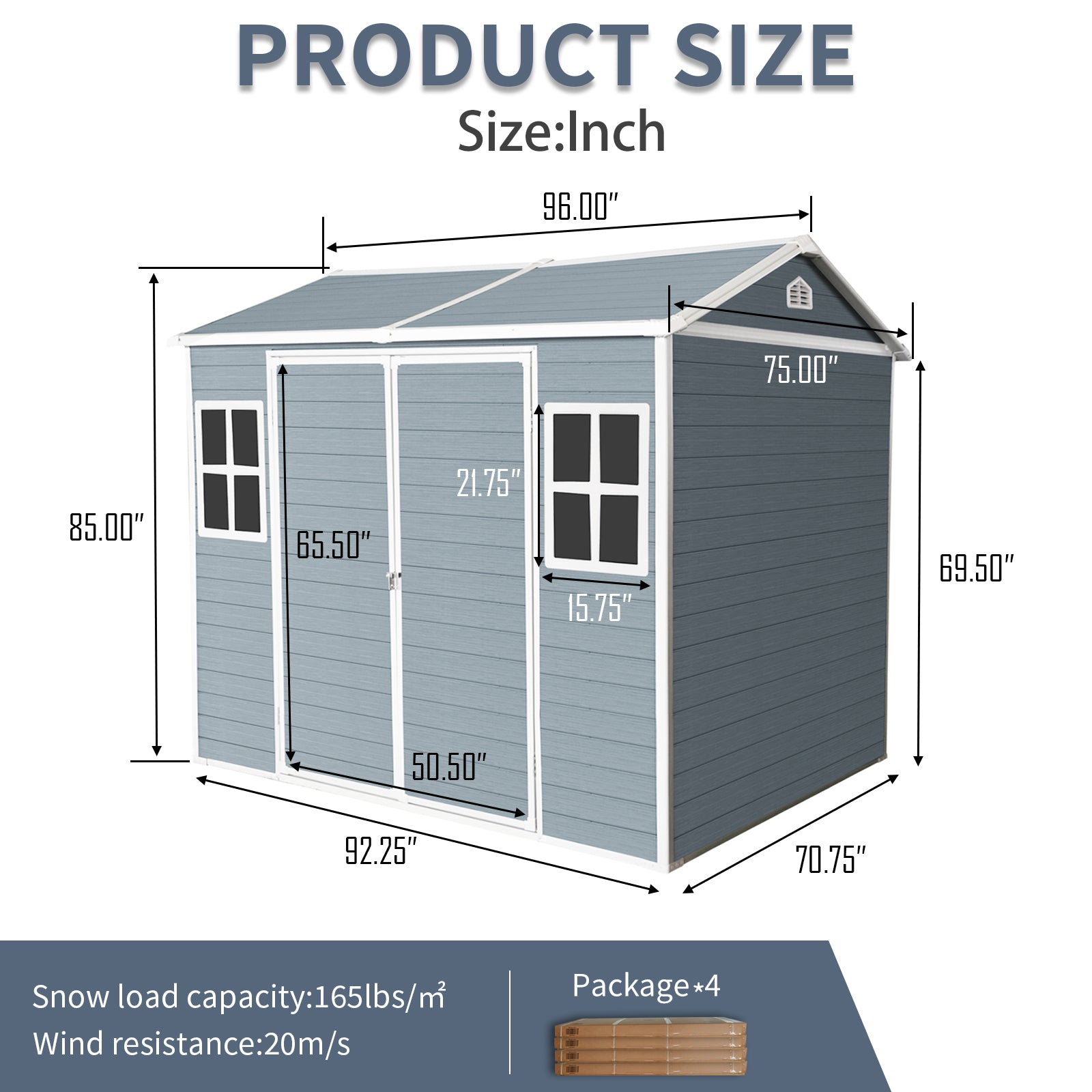 Gray storage shed with dual doors two windows and clear dimension labels for outdoor organization
