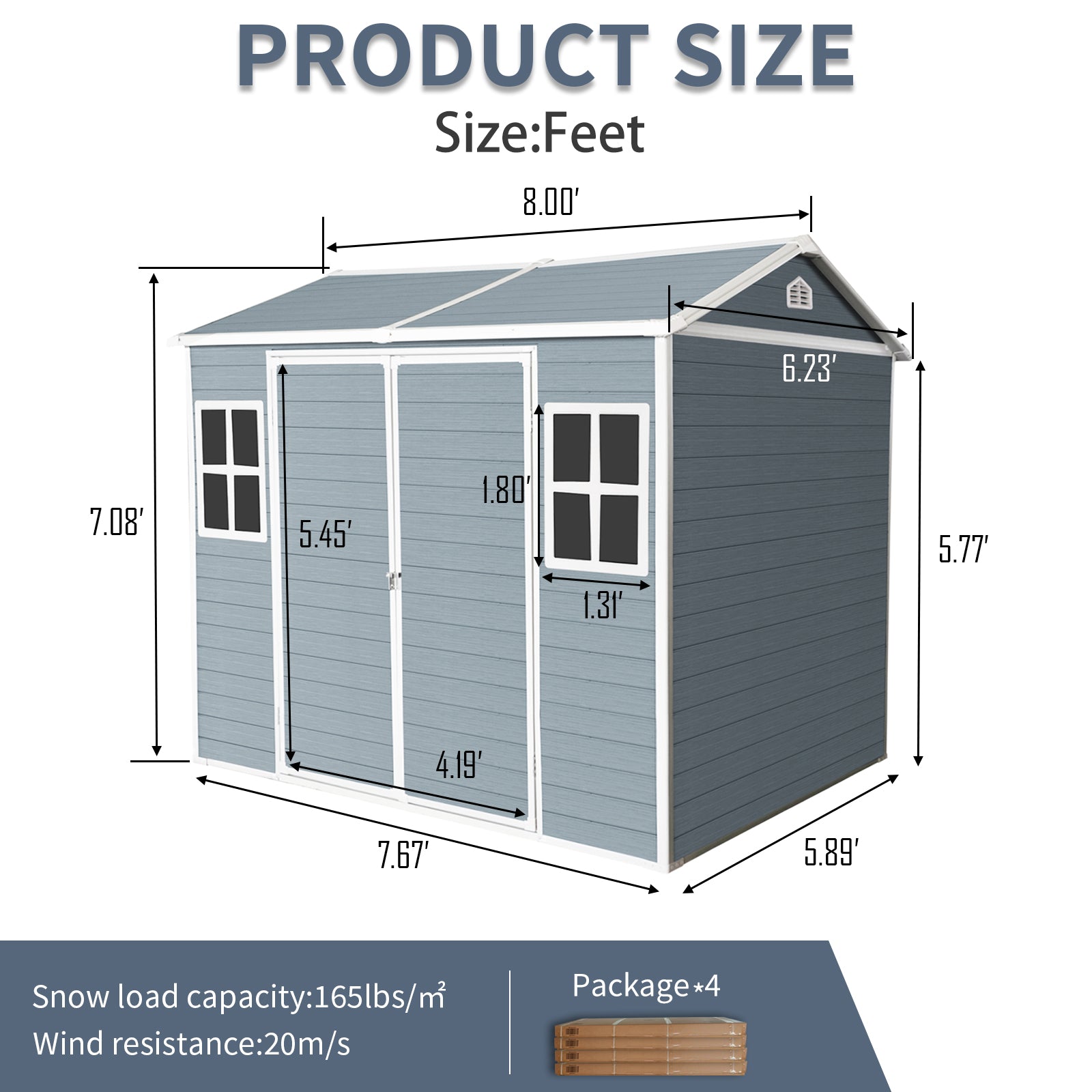 Blue horizontal siding outdoor storage shed with double doors two windows and roof vent