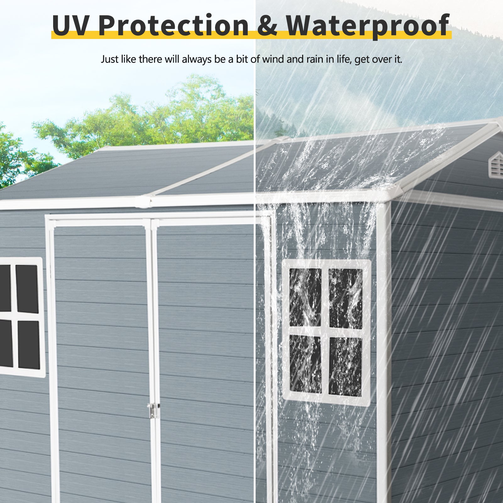 Grey resin shed showcasing UV protection and waterproof durability