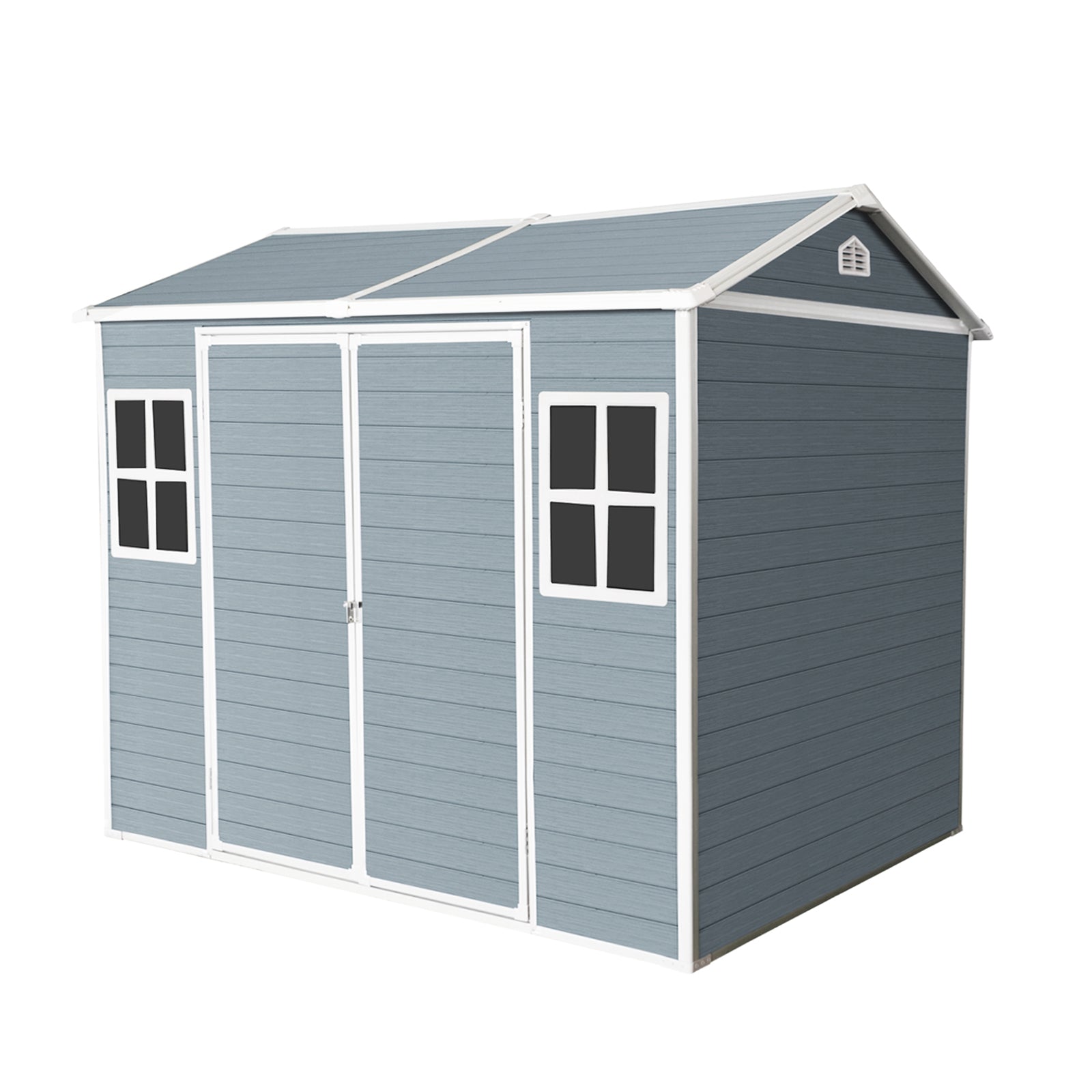 Gray outdoor shed with two windows and double doors ideal for garden storage