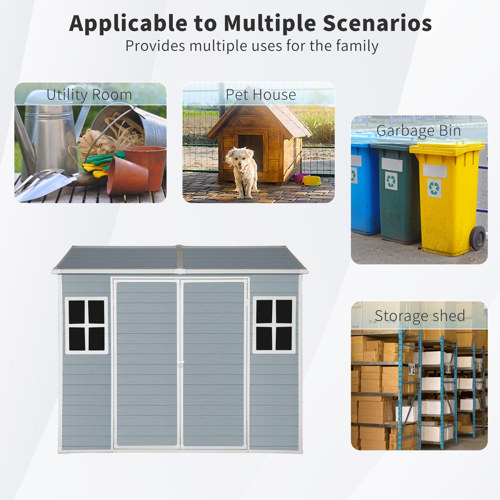 Gray outdoor storage shed with double doors and two windows ideal for garden tools