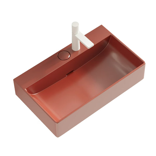 Modern rectangular terracotta sink with minimalist white faucet for stylish bathrooms