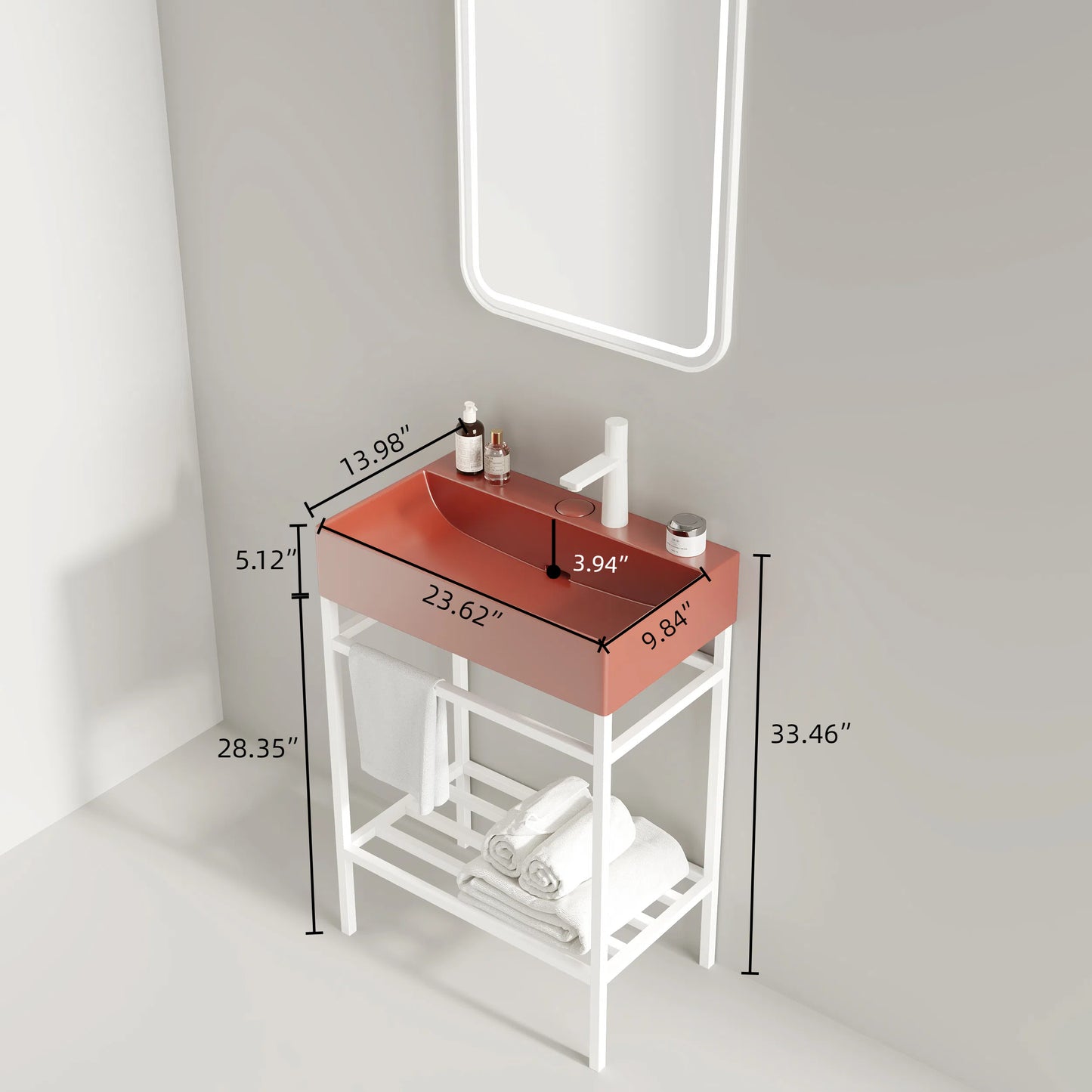 Modern coral basin sink with white faucet and dual towel shelves