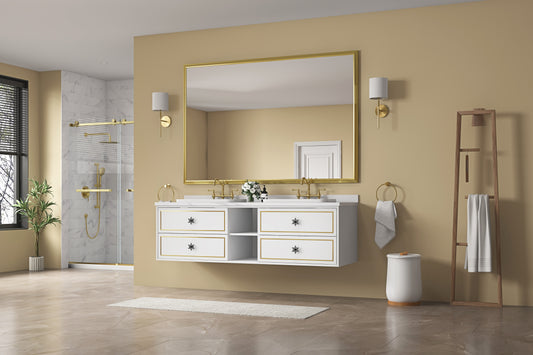 Modern goldfinish shower enclosure with marble tile wall featuring a handheld showerhead