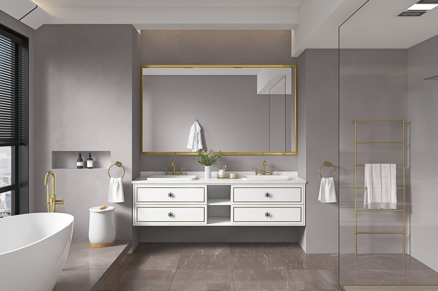 Modern goldaccented double vanity with white quartz countertop and undermount sinks