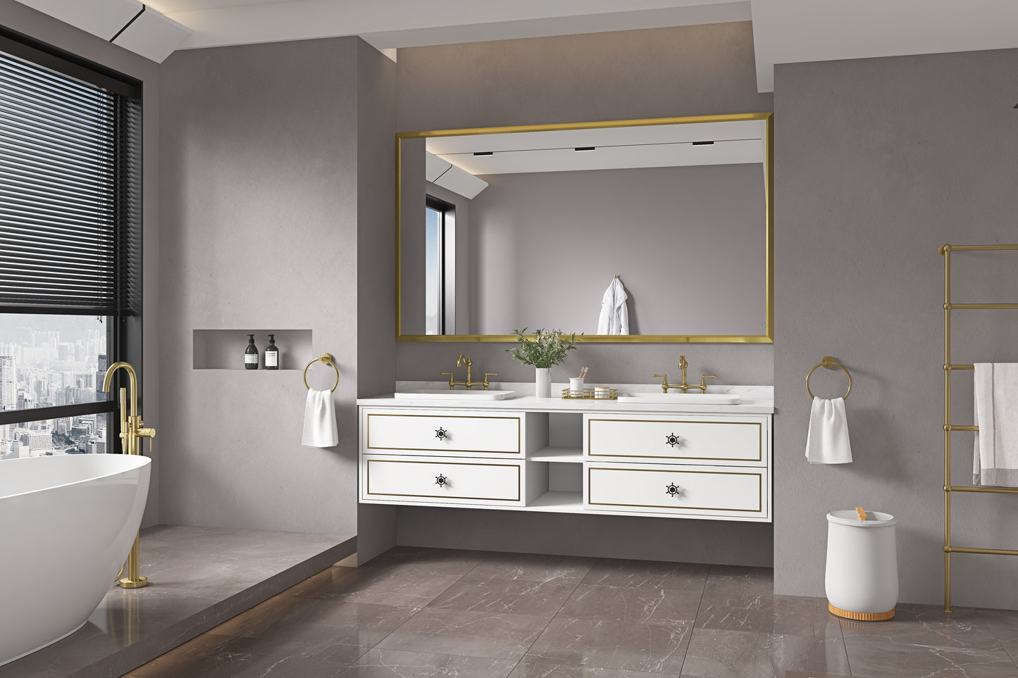 Modern white freestanding bathtub with sleek gold faucet