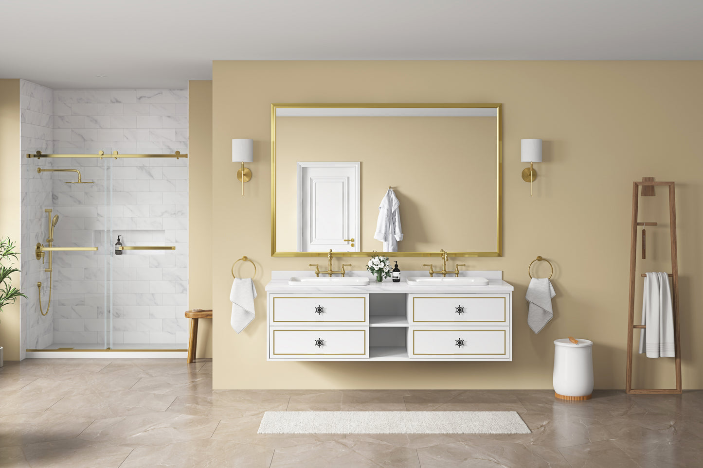 Elegant double vanity with white marble top and brass fixtures