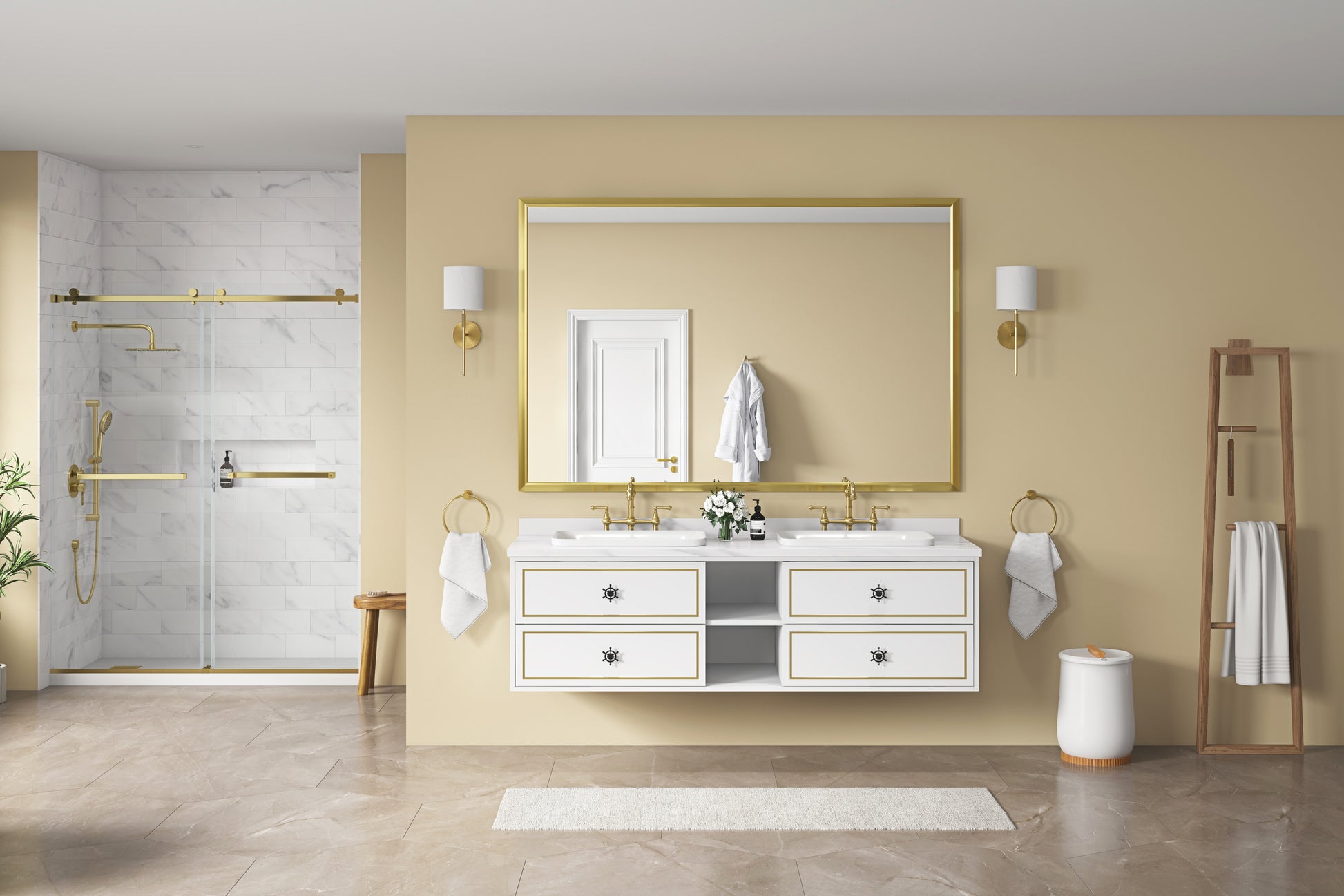 Elegant double vanity with white marble top and brass fixtures