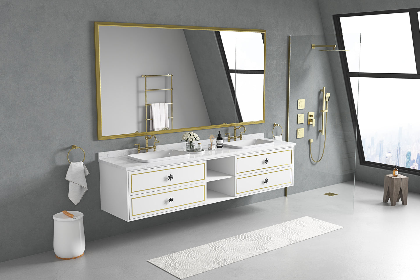 Modern white double bathroom vanity with gold trim and marble countertop